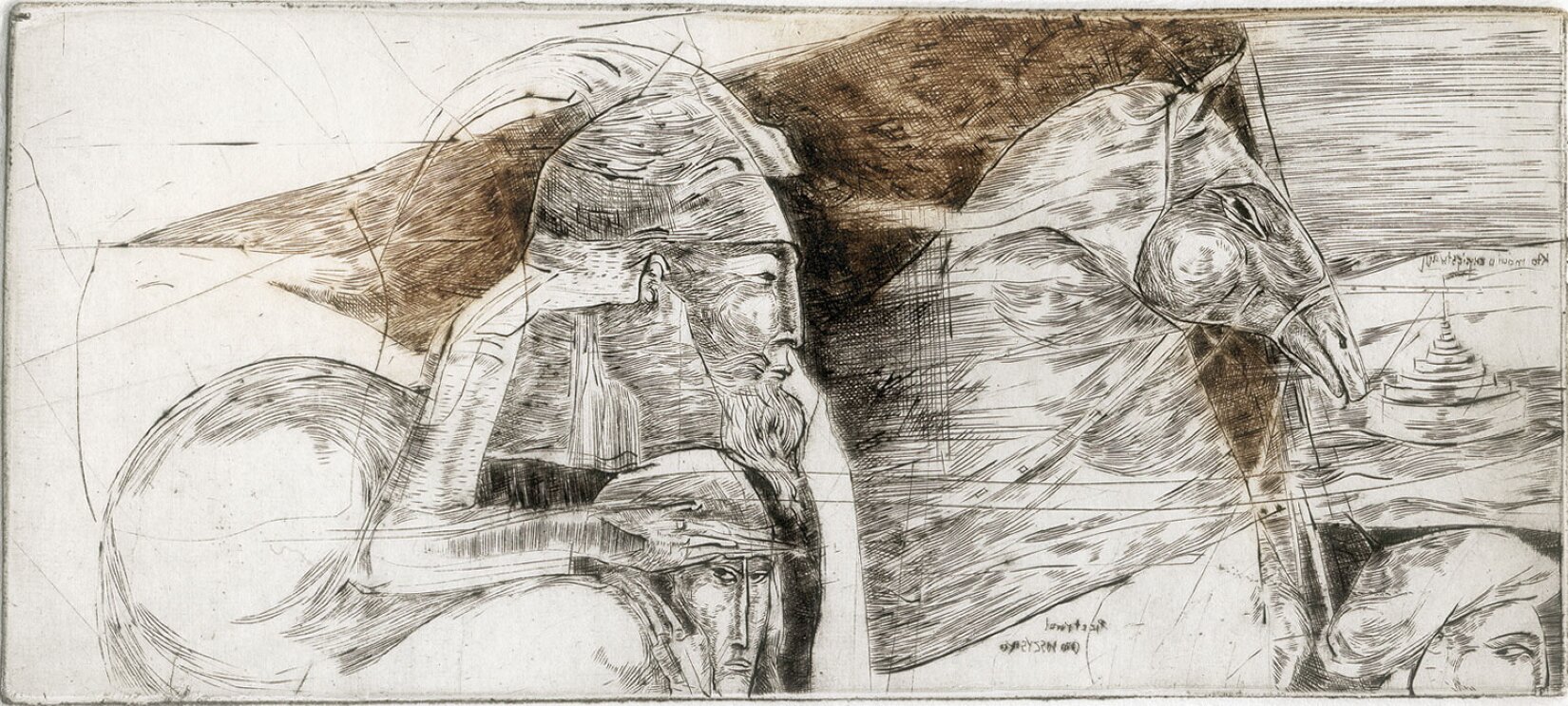 Ilustracja przedstawia mężczyznę oraz zwierzę przypominające konia na beżowo‑szarym tle. Mężczyzna, ukazany bokiem z lewej strony ilustracji, ma na sobie hełm. Ma długi, prosty nos oraz średniej długości brodę. Jego źrenice są niewidoczne. Pod nim obecna jest twarz innej postaci, której kąciki ust skierowane są delikatnie w dół. Podobna postać obecna jest w prawym dolnym rogu. Z prawej strony, obok mężczyzny,  ukazano zwierzę przypominające konia, którego kształt pyska przywodzi na myśl ptasi dziób. W tle umieszczono kształt przypominający schody prowadzące z wody na ląd.