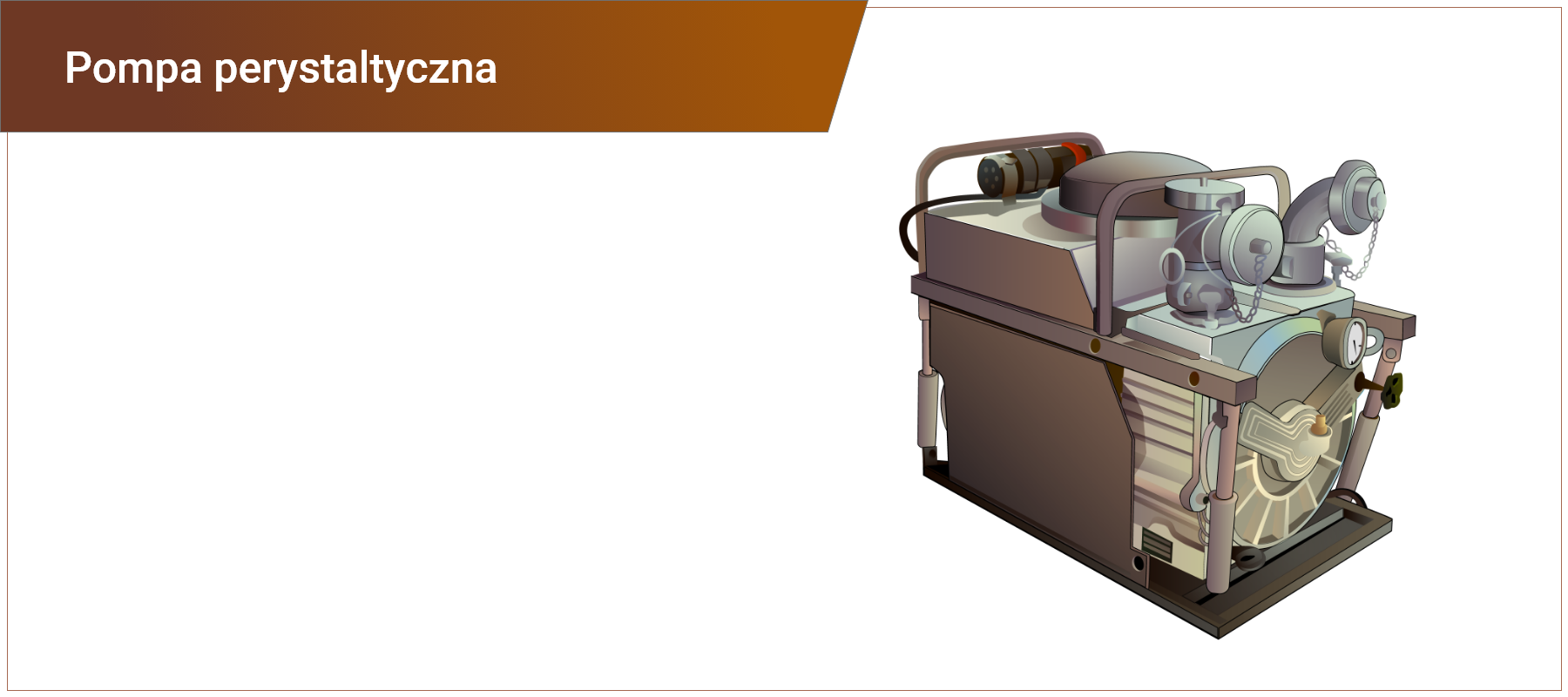 Grafika w ramce z podpisem: pompa perystaltyczna. Przedstawia pompę składającą się z obudowy, silnika, przyłączy do zamontowania węży z zaślepkami, zaworu oraz zegara.