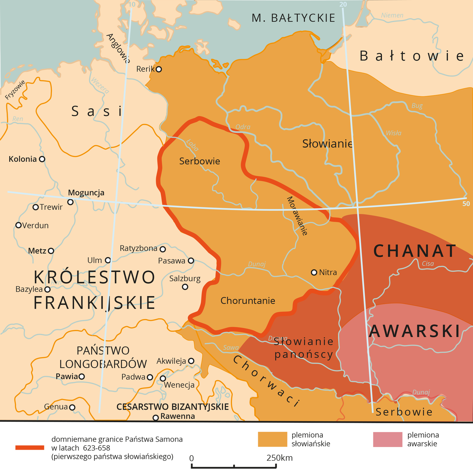 Ilustracja przedstawia mapę Europy Środkowo‑Wschodniej. Kolorem pomarańczowym oznaczono plemiona słowiańskie. Obszar ten znajduje się po prawej stronie mapy i rozciąga się w kierunku południowym i wschodnim od brzegu Morza Bałtyckiego z miejscowością Rerik. Są na tym terenie następujące plemiona: Słowianie, Serbowie, Morawianie, Choruntanie, Chorwaci, Serbowie. Pomarańczową linią wydzielono zachodnią część tego obszaru, która znajduje się na środku mapy. Są to domniemane granice Państwa Samona w latach 623–658 (pierwszego państwa słowiańskiego). Są na tym terenie następujące plemiona: Serbowie, Morawianie, Choruntanie. Na tym obszarze jest także miejscowość Nitra. Plemiona słowiańskie na północnym wschodzie sąsiadują z Bałtami, a po zachodniej stronie sąsiadami plemion słowiańskich są od góry: Anglowie; Sasi; Fryzowie; Królestwo Frankijskie z miejscowościami Kolonia, Moguncja, Trewir, Verdun, Metz, Ratyzbona, Pasawa, Ulm, Bazylea i Salzburg; Państwo Longobardów z miejscowościami Pawia, Padwa i Akwileja; Cesarstwo Bizantyjskie z miejscowościami Wenecja, Genua i Rawenna. W południowo‑wschodniej części mapy znajduje się obszar oznaczony kolorem pomarańczowym i jasnoróżowym podpisany jako Chanat Awarski po prawej stronie i jako Słowianie panońscy po lewej. Kolorem jasnoróżowym oznaczono plemiona awarskie.