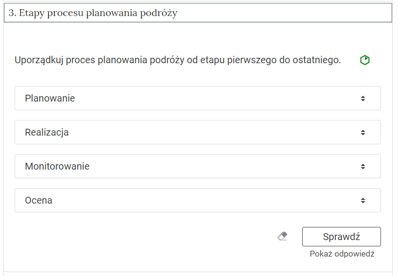 Zdjęcie przedstawia otwartą zakładkę z przykładowym zadaniem. Pod nazwą zakładki znajduje się polecenie. Pod poleceniem widać treść zadania z odpowiedziami do wyboru. Po prawej stronie polecenia widać zielony sześciokąt. Poniżej zadania, po prawej stronie panelu znajduje się ikona sprawdź. Po jej lewej stronie widać symbol gumki. Poniżej przycisku sprawdź znajduje się napis pokaż odpowiedź.