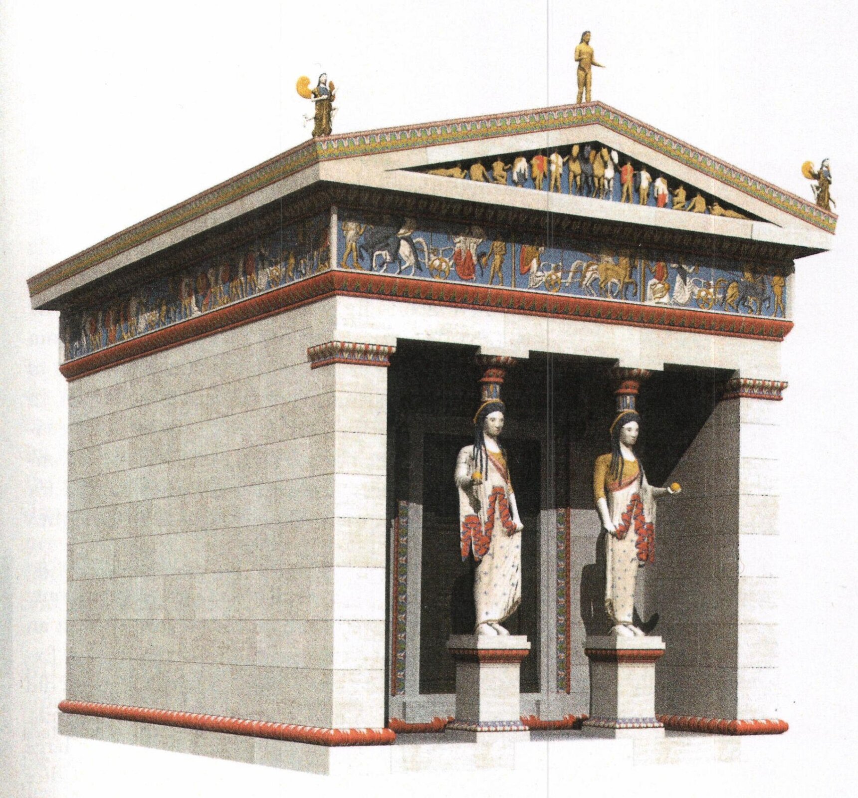 Ilustracja przedstawia rekonstrukcję Skarbca Syfnijczyków. Grafika ukazuje budowlę na planie prostokąta z dwuspadowym dachem. Budynek pokazany jest od strony wejścia. We wnęce wejściowej znajdują się umieszczone na wysokich cokołach, dwie kariatydy podtrzymujące belkowanie. Postacie kariatyd ubrane są w powłóczyste suknie. Fryz świątyni zdobiony jest reliefem z polichromią, na którym ukazani są wojownicy, jeźdźcy na koniach oraz kwadrygi. Trójkątny tympanon zdobiony jest malowanymi płaskorzeźbami postaci. Na szczycie dachu nad tympanonem, umiejscowione są trzy posągi: w najwyższym punkcie dachu i na jego dwóch krańcach