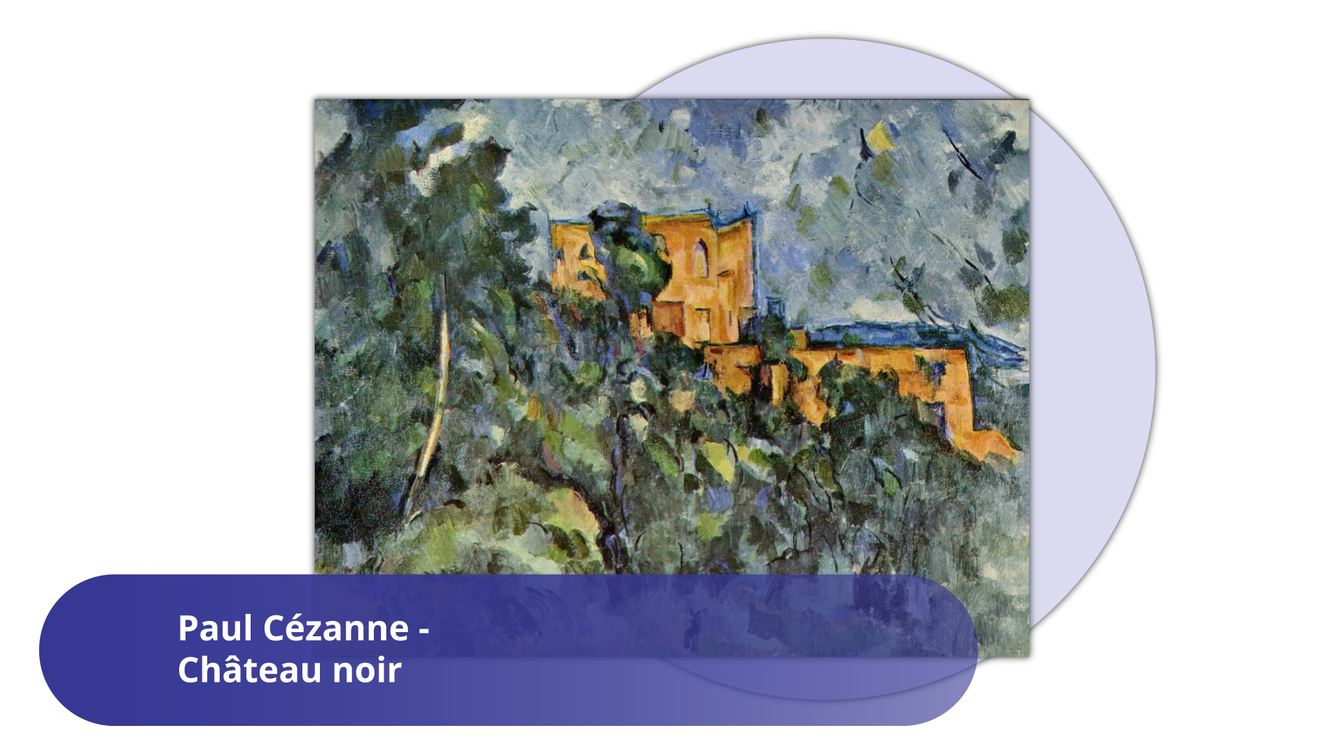 Ilustracja przedstawia obraz  Paula Cézanne  zatytułowany:  „Château noir” . Dzieło przedstawia budynek, w kształcie dwóch połączonych prostopadłościanów w kolorze kremowym – jeden jest niższy, drugi wyższy. Ich kontury przesłaniają zielone drzewa i krzewy, w tle szaro – niebieskie niebo. Są ukazane w sposób uproszczony, widać ślady pojedynczych pociągnięć pędzla.   Pod spodem znajduje się podpis w niebieskim polu:  Paul Cézanne - Château noir .