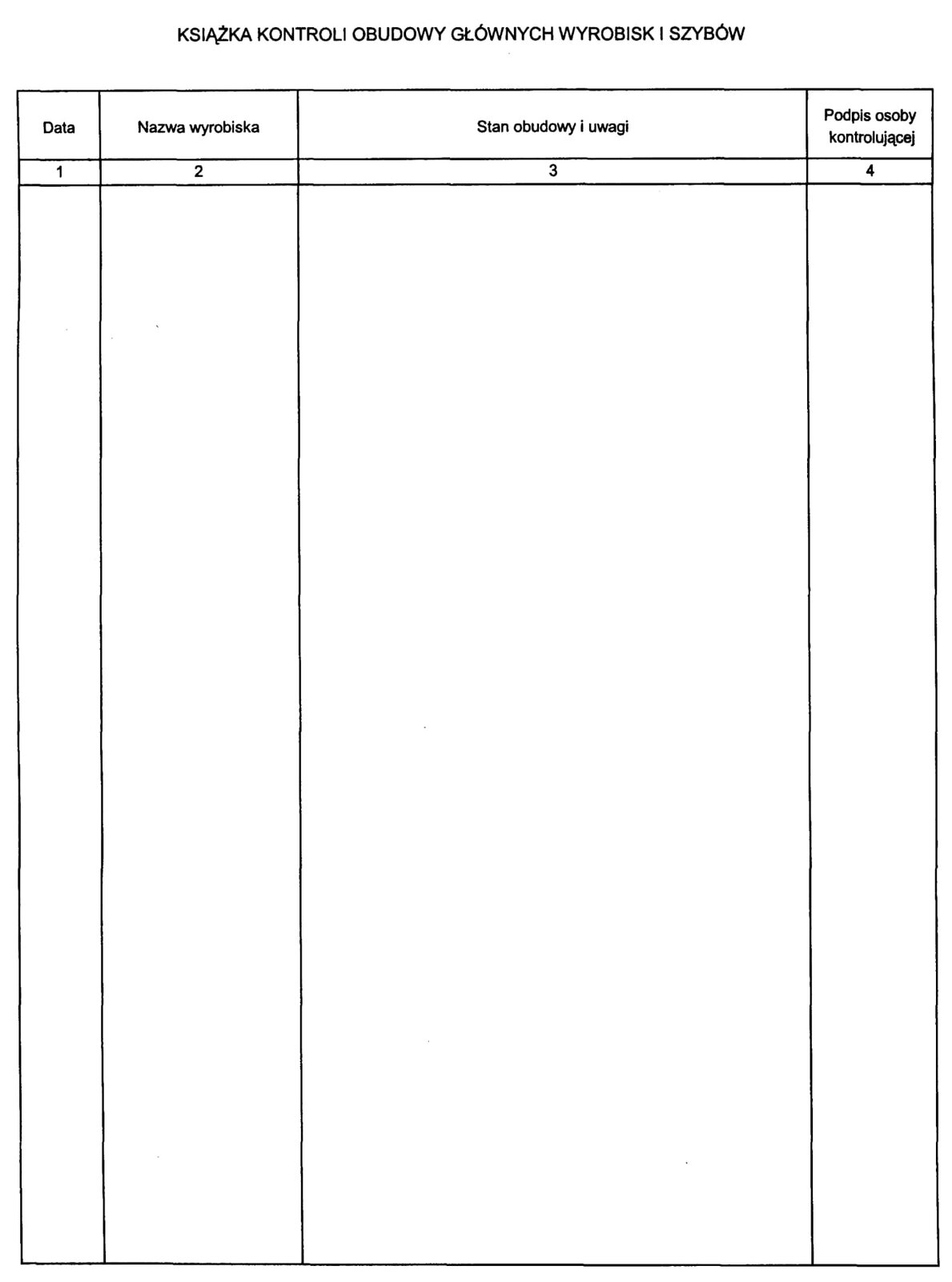 Ilustracja. Ilustracja przedstawia stronę z książki kontroli obudowy głównych wyrobisk i szybów.  Książka kontroli obudowy głównych wyrobisk i szybów  DataNazwa wyrobiskaStan obudowy i uwagi    Podpis osoby kontrolującej1234Do uzupełnieniaDo uzupełnieniaDo uzupełnieniaDo uzupełnienia