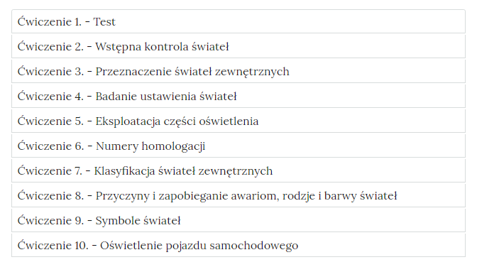 Przykładowy wygląd zakładek zawierających interaktywne materiały sprawdzające. Do wyboru jest dziesięć ćwiczeń wraz z ich tytułami.