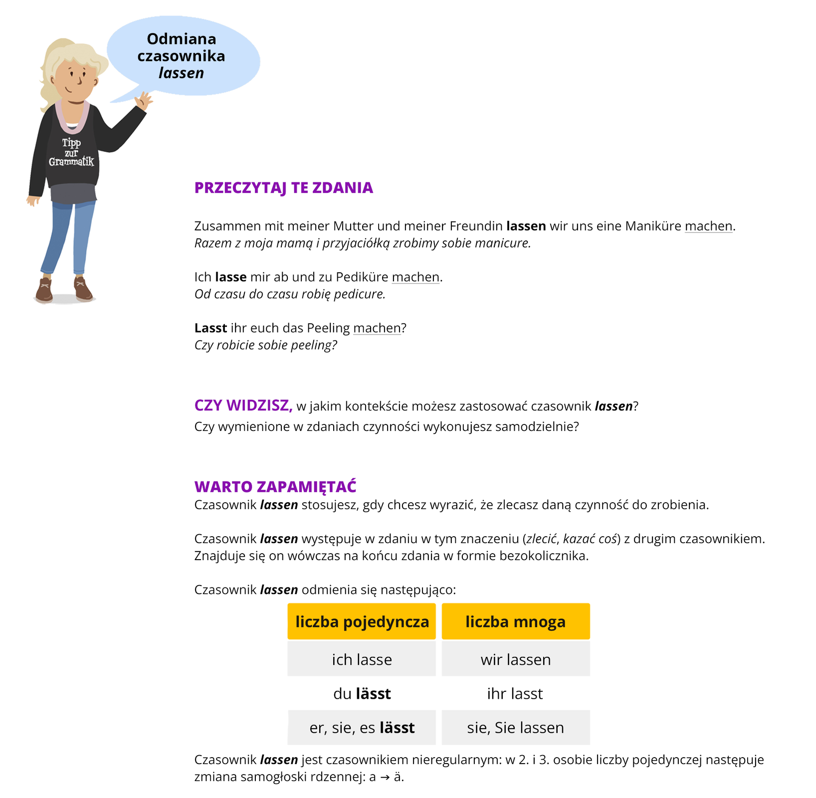 Ilustracja zawiera poradę językową.
Grafika przedstawia dziewczynkę ubraną w bluzę z napisem Tipp zur Grammatik, i w dżinsowe spodnie. Dziewczynka mówi: Odmiana czasownika lassen.
Pozostałą część grafiki stanowi tekst, którego treść widoczna jest w trybie dostępności.