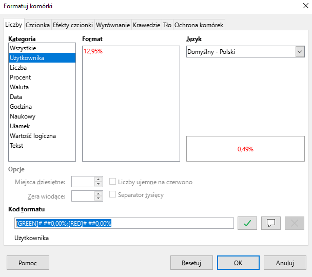 Ilustracja przedstawia otwarte okno programu zatytułowane Formatuj komórki. U góry na pasku zadań została wybrana opcja Liczby. Poniżej w opcji kategorie została wybrana opcja Użytkownik. Po prawej stronie w opcji język został wybrany domyślny Polski. Do dole okna w opcji Kod formatu cały kod został zaznaczony. Jeszcze niżej została wybrana opcja OK. 