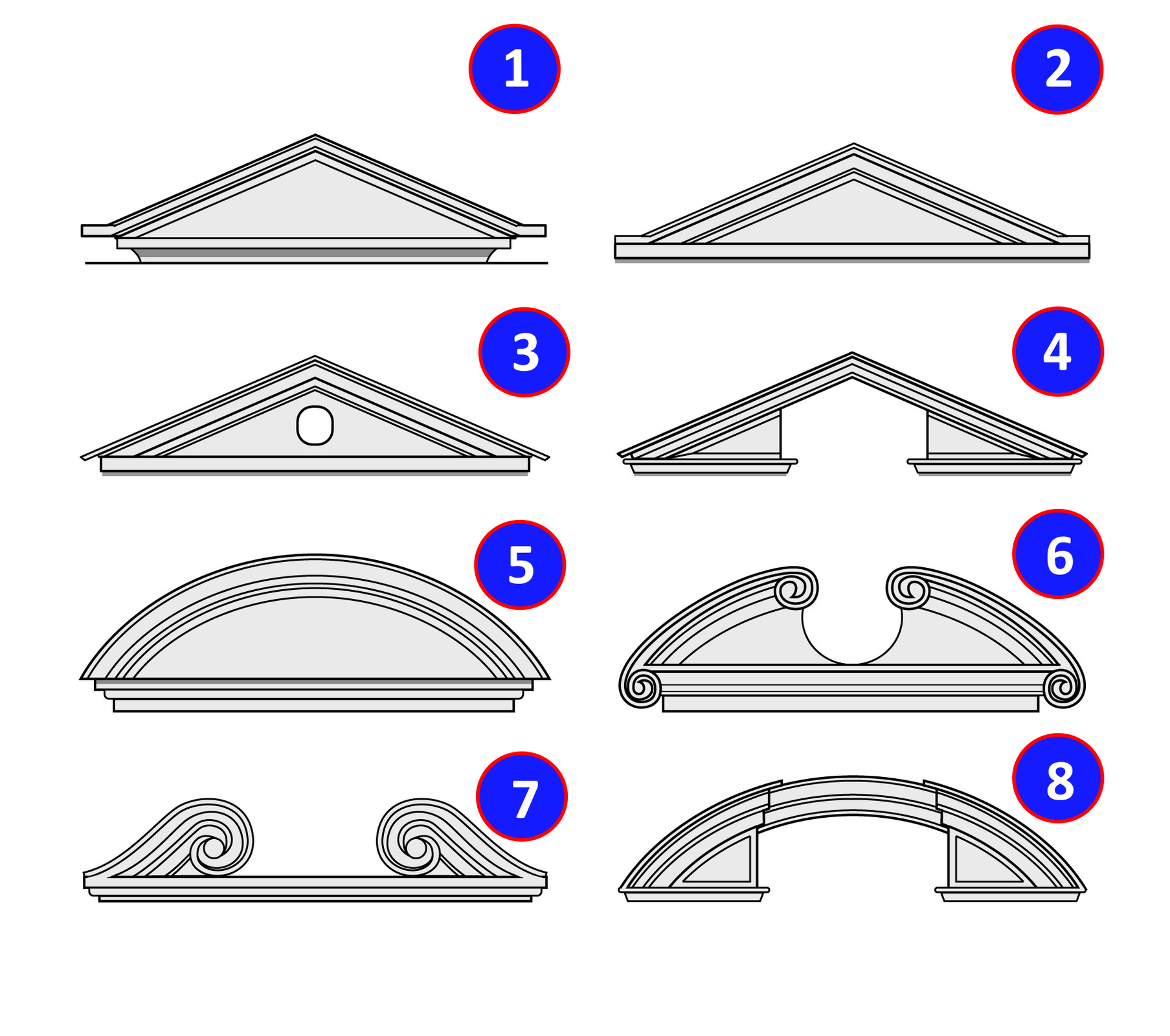 Ilustracja przedstawia osiem przykładów naczółków. Pierwszy przykład przedstawia naczółek w kształcie trójkąta, drugi przykład to naczółek w kształcie trójkąta ale z szerszymi ściankami, trzeci przykład to naczółek w kształcie trójkąta z okręgiem pod górnym wierzchołkiem. Czwarty przykład to naczółek w formie trójkąta ale z wyciętym pięciokątem. Piąty naczółek jest w trakie półkola, szósty to przykład naczółka o kształcie półkola z wyciętym półokręgiem u szczytu. Siódmy nacżółek to przykład bogato zdobionego elementuy architektonicznego, którego boki wyglądają jak zwinięte języki. Ósmy typ naczółka to mocno zmodyfikowany naczółek półkolisty z wyciętą wewnątrz elipsą.