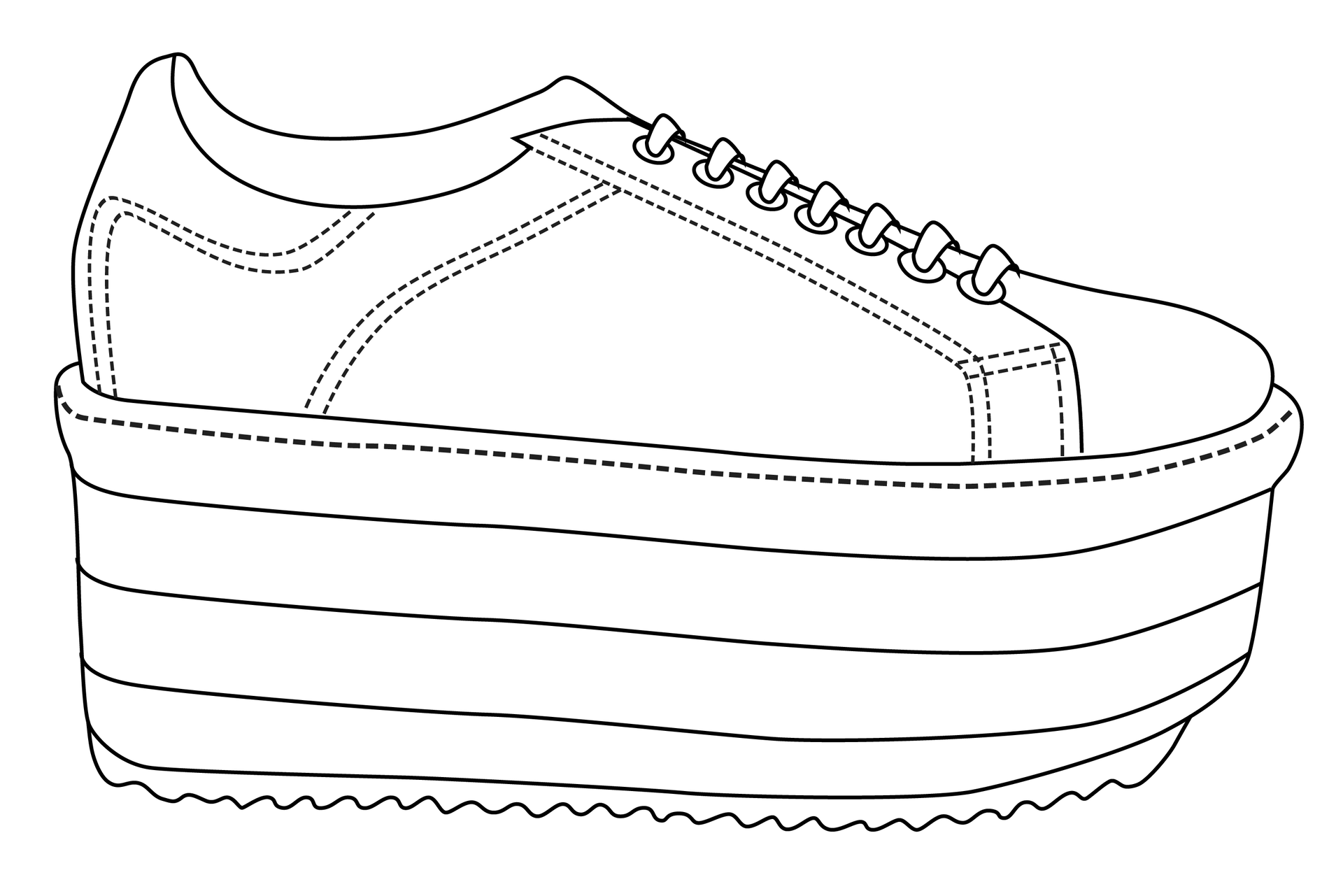 Grafika przedstawia but w typie sportowym, którego podeszwa jest bardzo wysoka. Wysokość podeszwy przewyższa wysokość buta.