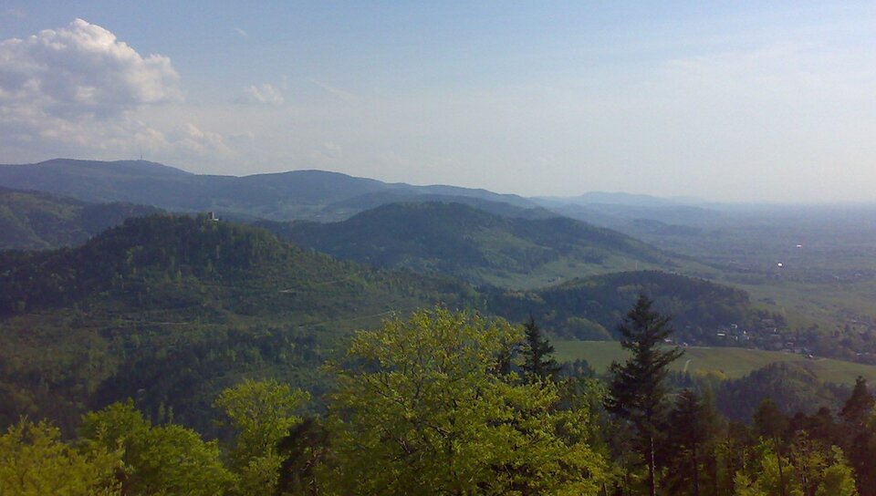 Na zdjęciu widoczny jest fragment pasma górskiego Schwarzald . Szczyty są zaokrąglone, prowadzą na nie łagodne zbocza w większości porośnięte są lasami. U podnóża gór znajdują się lasy i łąki.