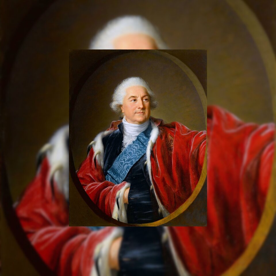 Obraz przedstawia dojrzałego mężczyznę, ujętego do pasa. Postać ukazuje prawy półprofil owalnej twarzy. Mężczyzna ma na głowie siwą perukę, gładko zaczesaną do tyłu. Jego czoło jest wysokie, między brwiami znajduje się lwia zmarszczka. Ciemne brwi otaczają brązowe oczy. Mężczyzna patrzy w swoją lewą stronę. Ma lekko zarumienione policzki, prosty, wydatny nos i wąskie usta. Ma na sobie białą koszulę z żabotem i czarny, aksamitny kaftan, na który narzucił obszerny, czerwony płaszcz obszyty białym futrem. Prawą dłoń chowa za połę kaftana. Lewą rękę prostuje i kieruje w lewą stronę. Dłoń znajduje się poza kadrem. Tło jest ciemnozielone.