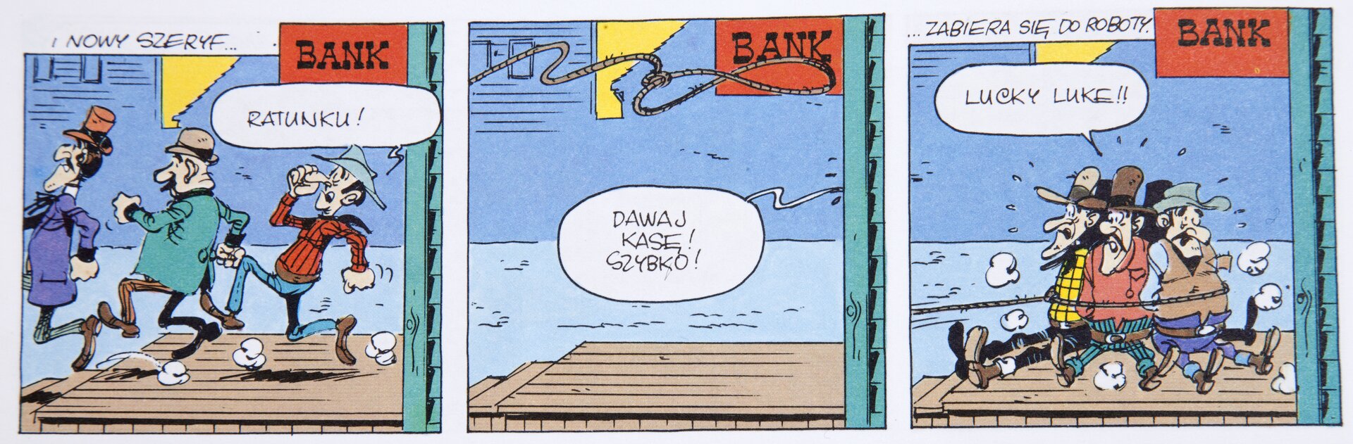 Ilustracja przedstawia historyjkę z komiksu, na której trzej mężczyzn ucieka, krzycząc „Ratunku!”, na drugim obrazku widnieje dymek z napisem: „Dawaj kasę! Szybko!”, a na trzecim widzimy schwytanych mężczyzn na lasso.
