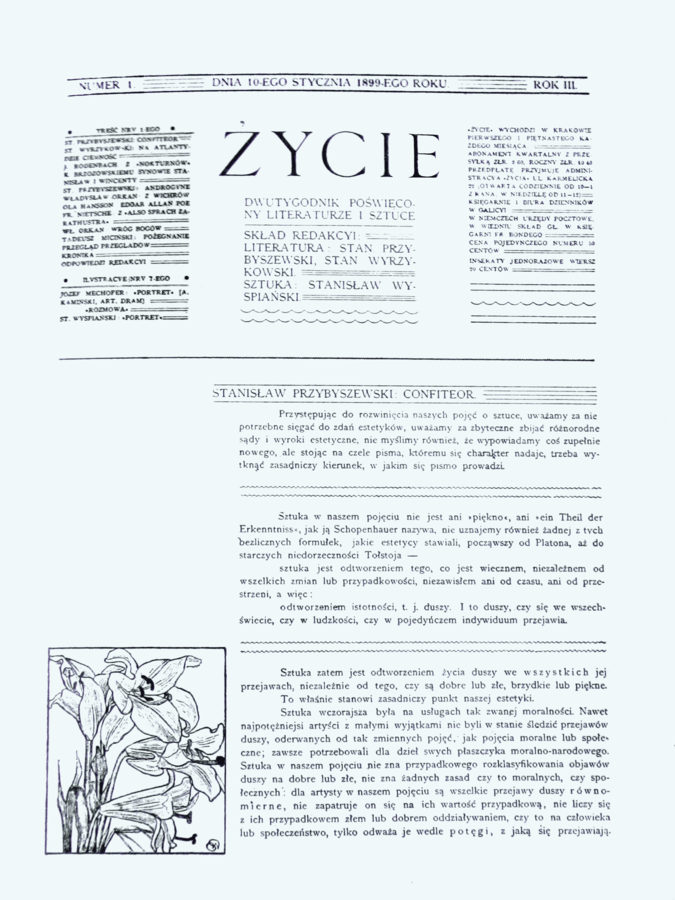 Zdjęcie przestawia stronę tytułową dwutygodnika Życie. Na szpalcie widnieje data wydania czasopisma - 10 stycznia 1898 roku. Główny tekst to Confiteor Stanisława Przybyszewskiego. W lewym, dolnym rogu znajduje się rysunek przedstawiający kwiat lilii.