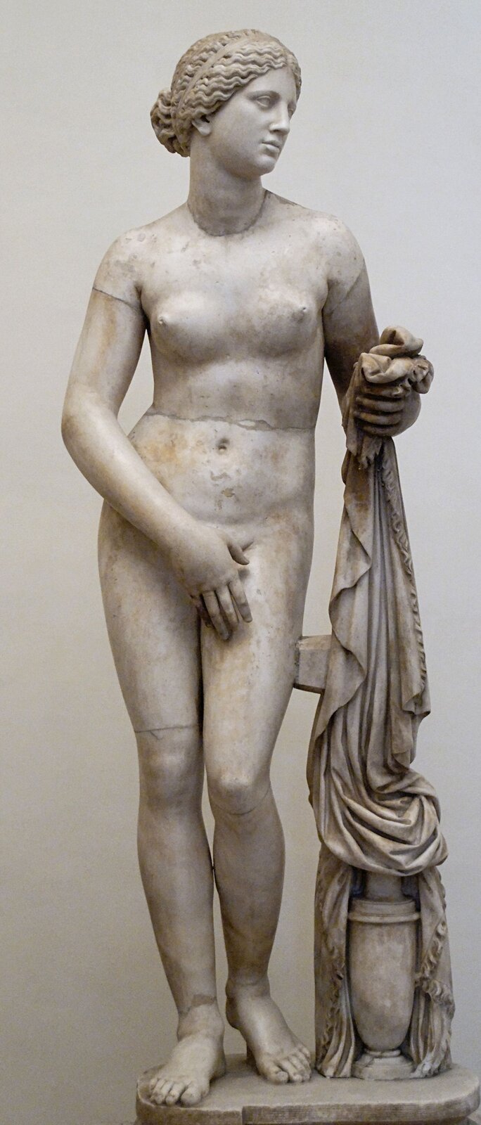 Ilustracja przedstawia rzeźbę Praksytelesa „Afrodyta z Knidos”. Po lewej stronie z perspektywy oglądającego widoczna jest pionowo opadająca draperia przypominająca ręcznik, ułożona na dużym naczyniu stojącym obok postaci. Tkanina tworzy miękkie, gęste fałdy, które spływają w dół i częściowo opierają się o brzeg naczynia. Na tej draperii spoczywa zgięta w łokciu lewa ręka Afrodyty. Sama postać stoi w kontrapoście, naga, z ciężarem ciała na prawej nodze, a lewa jest lekko ugięta i odsunięta w bok. Prawa ręka, po prawej stronie ciała z perspektywy widza, opuszczona wzdłuż sylwetki zasłania dłońmi okolice łona. Głowa jest nieznacznie przechylona w lewo i skierowana lekko w dół, o idealizowanych, spokojnych rysach. Włosy są gładko ujęte i upięte z tyłu głowy.