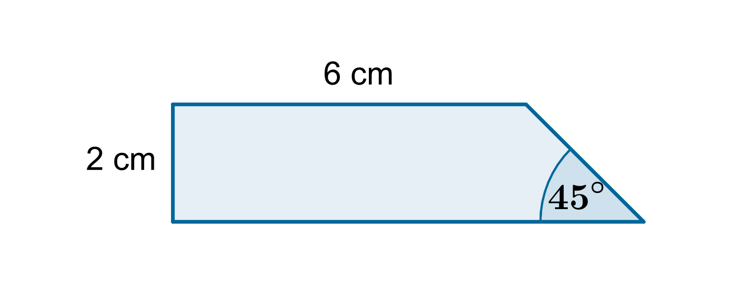 Rysunek trapezu prostokątnego. Górna podstawa ma długość 6 cm. Ramię prostopadłe do obu podstaw równe 2 cm. Kąt ostry przy dolnej podstawie ma miarę 45 stopni.