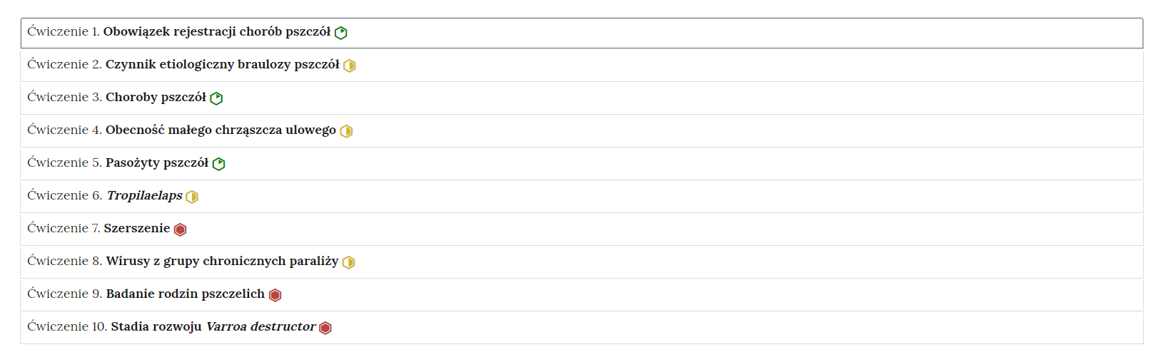 Grafika przedstawia ogólny widok harmonii z dziesięcioma ćwiczeniami. Każde ćwiczenie jest ponumerowane, ma tytuł oraz poziom trudności.
