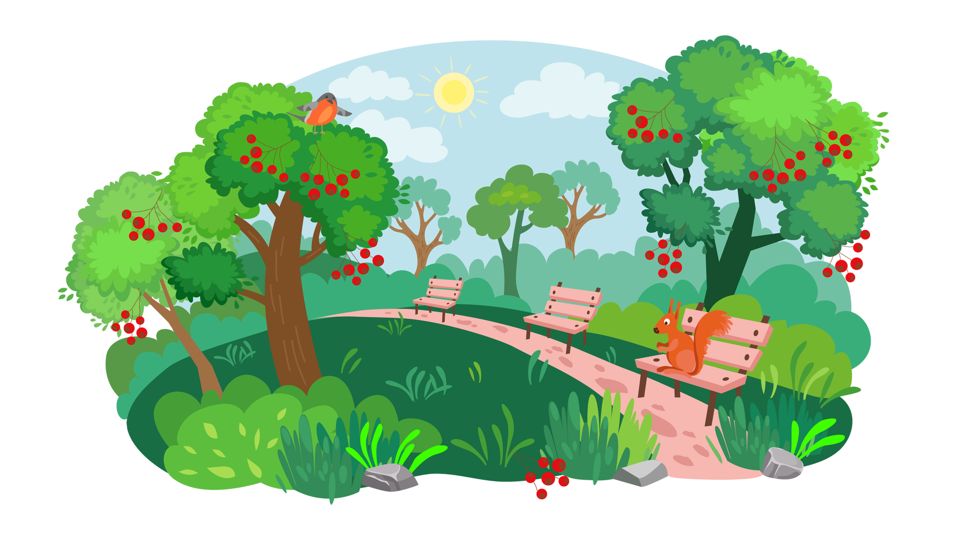 Park miejski. Na błękitnym niebie widać słońce i trzy białe chmury. Na pierwszym planie znajduje się ścieżka. Stoją na niej trzy drewniane ławki. Na jednej z nich siedzi wiewiórka. Ziemia w parku pokryta jest zieloną trawą i zielonymi krzewami, wokół rosną drzewa liściaste. Na trzech drzewach widać dojrzałe owoce jarzębiny, a na jednym z nich siedzi niewielki ptak.