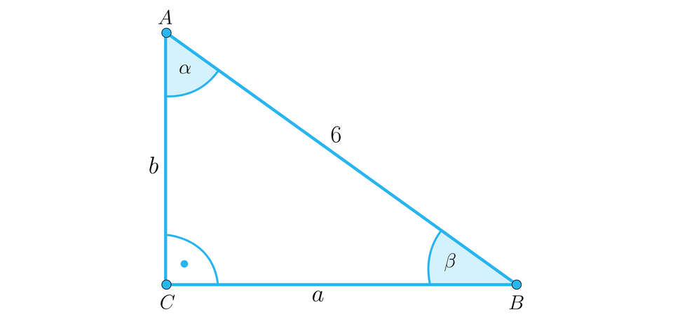 Rysunek przedstawia trójkąt prostokątny o podstawie a, która jest jednocześnie bokiem C B, o pionowej przyprostokątnej b, która jest bokiem A C oraz o przeciwprostokątnej o długości sześć, która jest bokiem B A. Na ilustracji zaznaczono kąty wewnętrze trójkąta. Przy wierzchołku C znajduje się kąt prosty, przy wierzchołku B znajduje się kąt BETA, a przy wierzchołku A znajduje się kąt alfa.