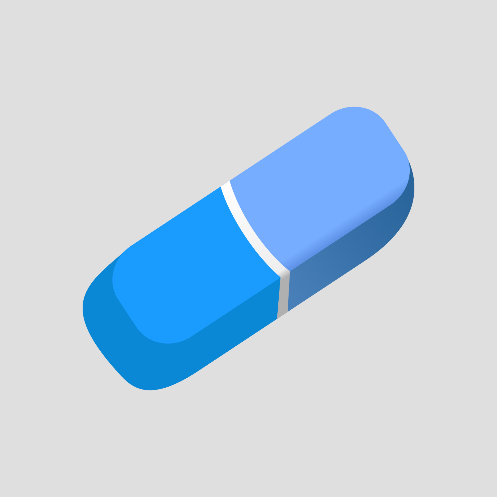 Ilustracja przedstawia podłużną, niebieską gumką z białym paskiem po środku.