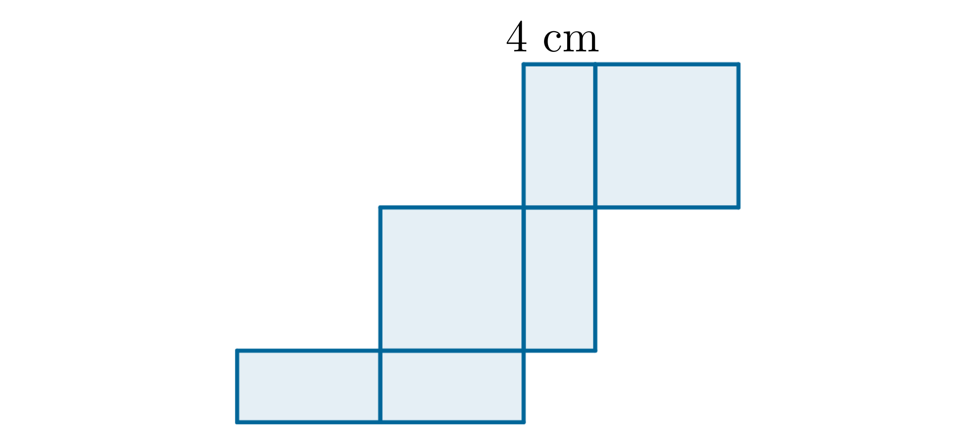 Rysunek siatki prostopadłościanu złożonej z czterech kwadratów i dwóch prostokątów. Dana jest długość boku prostokąta równa 4 cm.