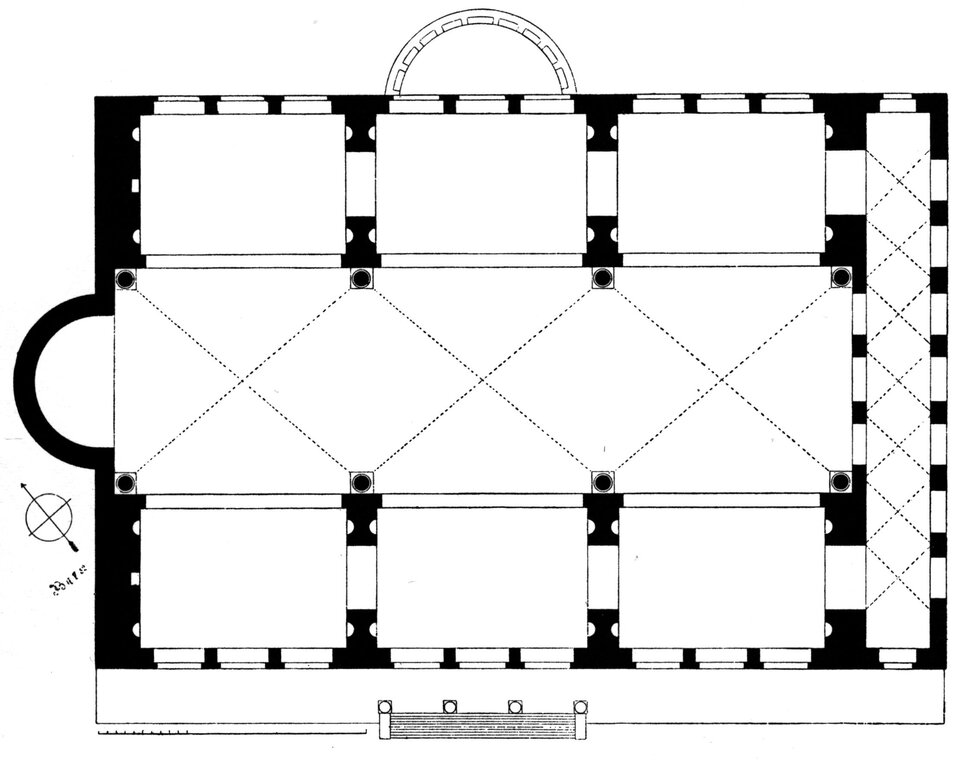 Bazylika Maksencjusza (znana również jako Bazylika Konstantyna i Bazylika Nowa) - rekonstrukcja planu piętra, którą tworzy zestaw czarnych linii i znaków na jasnym tle.
