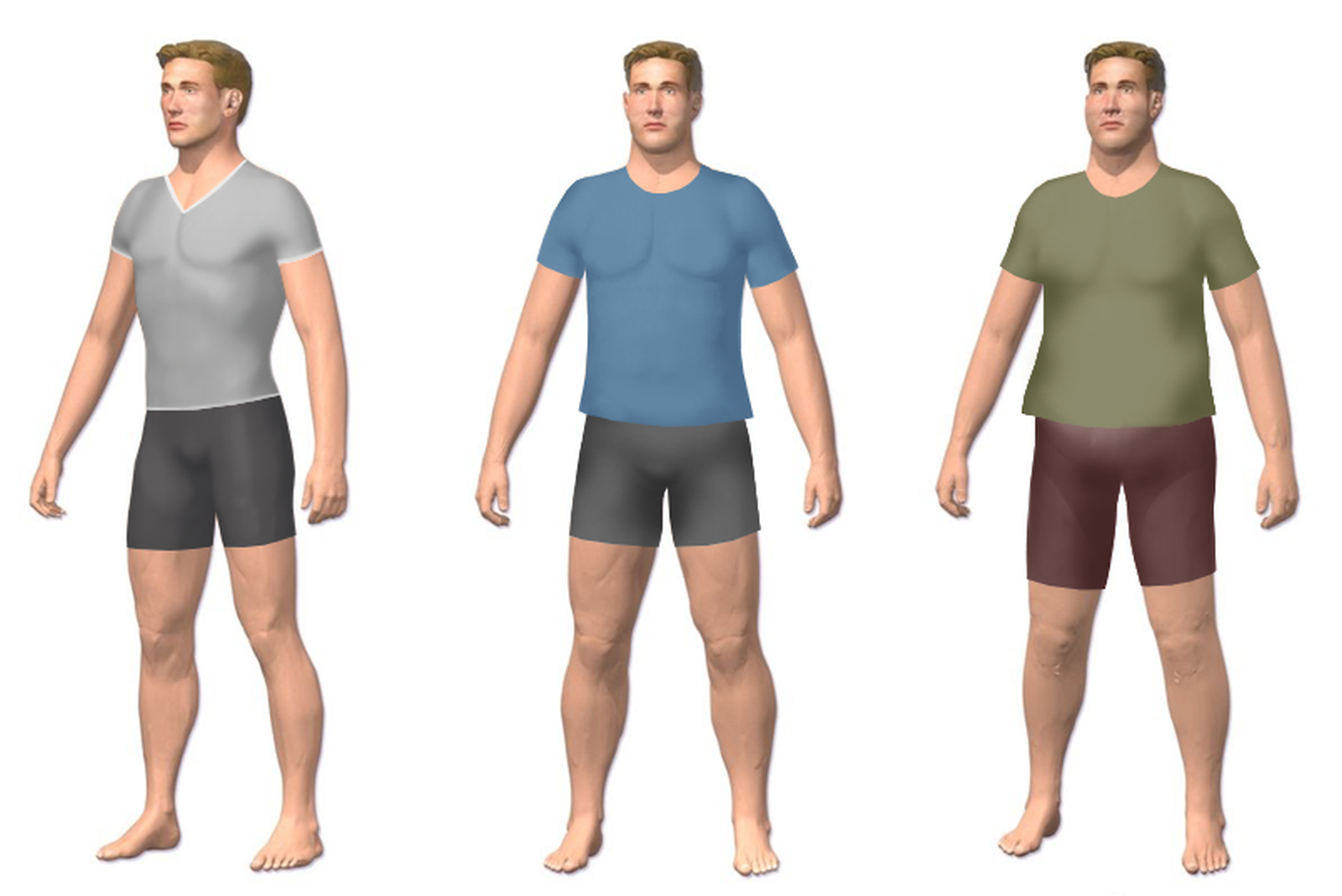 Kliknij żeby powiększyć Ilustracja przedstawia trzech mężczyzn z krótkimi włosami w strojach sportowych. Pierwszy ma prawidłową, harmonijną budowę ciała, brzuch lekko wklęsły, lekko zarysowane mięśnie, widać zarys kości żeber i bioder. Drugi z nadwagą, ma wypukły brzuch, nie widać zarysu kości. Trzeci, otyły, ma bardzo wystający brzuch, opuszczoną klatkę piersiową, okrągłe policzki. Mężczyzna z prawidłową wagą ma jasnoszarą koszulkę i popielate spodenki. Drugi, z nadwagą, niebieską koszulką i również popielate spodenki. Trzeci, otyły mężczyzna ma zieloną koszulkę i bordowe spodenki.