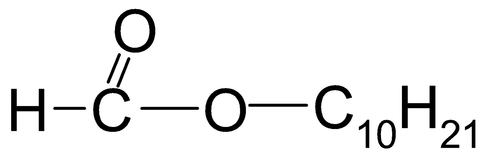 Na ilustracji jest wzór: atom węgla łączy się po lewej stronie z atomem wodoru, na górze wiązaniem podwójnym z atomem tlenu, po prawej stronie z kolejnym atomem tlenu. Ten z kolei po prawej stronie łączy się z grupą                C                 10                       H                 21         .