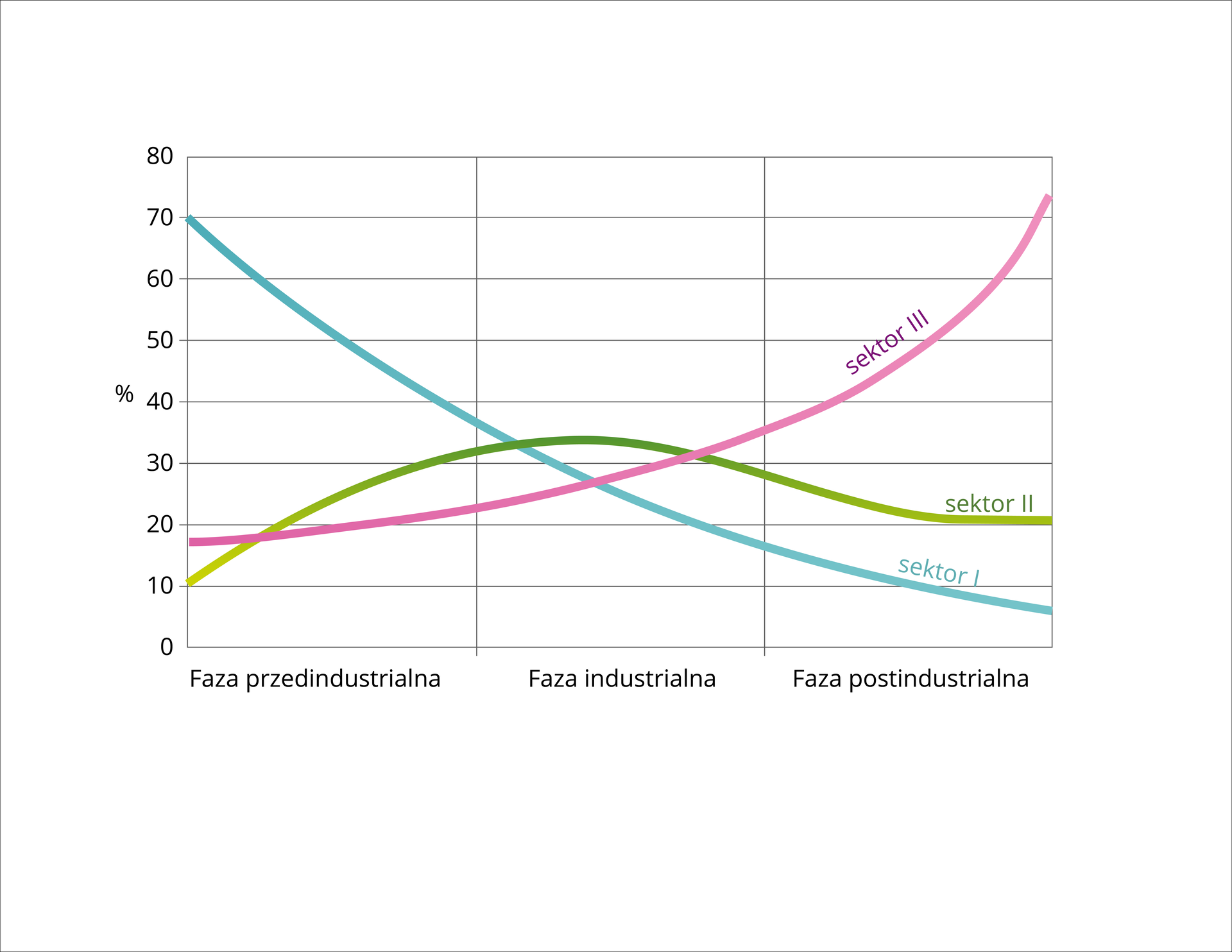 Na wykresie liniowym przedstawiono modelową strukturę zatrudnienia według sektorów gospodarki. Pole wykresu podzielono na fazę przedindustrialną, industrialną i postindustrialną. Linia wykresu sektora pierwszego rozpoczyna się na poziomie 70% i opada łukiem przez wszystkie fazy do niecałych 10% na koniec fazy postindustrialnej. Linia wykresu sektora drugiego  rozpoczyna się na poziomie 10% i rośnie w fazie przedindustrialnej, następnie w fazie industrialnej początkowo nieco rośnie, a następnie opada, w  fazie postindustrialnej początkowo łagodnie opada, a później wyrównuje poziom, zatrzymując się na poziomie 20%. Linia wykresu sektora trzeciego rozpoczyna się na poziomie niecałych 20%, w fazie przedindustrialnej łagodnie rośnie do ponad 20% na koniec tej fazy, w fazie industrialnej rośnie do około 35% na koniec fazy, a w fazie postindustrialnej wyraźnie, mocno rośnie do ponad 70% na koniec fazy. 