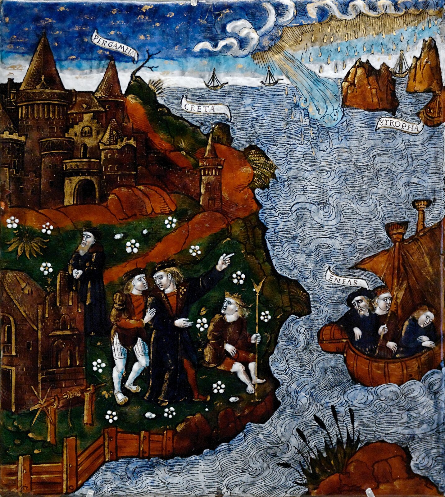 Ilustracja przedstawia malowaną plakietkę emaliowaną z „Eneaszem opuszczającym Kretę”. Po lewej stronie obrazka jest ląd z zieloną trawą i brązowymi budynkami. Znajdują się tam cztery postacie w ciemnych szatach. Jedna z nich wskazuje lewą ręką na morze. Po prawej stronie obrazka jest morze, kilka wysp i okrągła łódka. W łódce są trzy postacie w ciemnych szatach. Nad jedną z nich jest czarny napis na białym, prostokątnym tle „Eneas”.