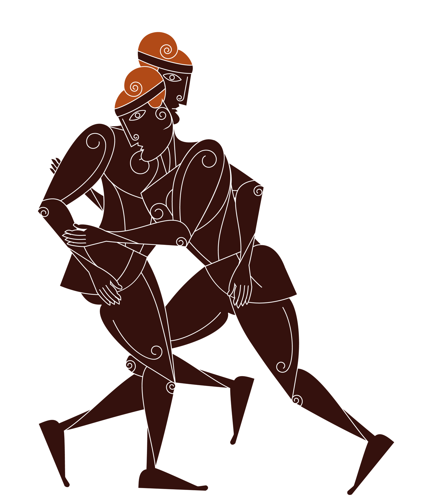 Schematyczny rysunek dwóch mężczyzn z zarysem anatomicznym, ukazanych z profilu, walczących w zapasach. Mężczyzna z lewej prawą nogę cofa lekko do tyłu, dotykając palcami podłoża. Mężczyzna z prawej opiera się na tym z lewej, będąc pochylonym na wysokości korpusu przeciwnika, obaj trwają w uścisku, próbując przeważyć jeden drugiego. 