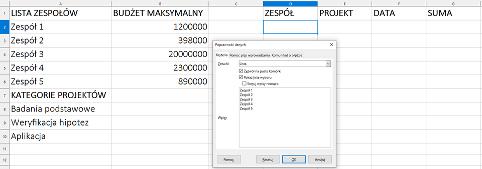 Ilustracja przedstawia arkusz kalkulacyjny. W komórce A1 jest napis: Lista zespołów, w A7 Kategorie projektów, w B1 Budżet maksymalny, w D1 Zespół, w E1 Projekt, w F1 Data, w G1 Suma. Tam, gdzie Zespół, Projekt, Data, Suma komórki kolumn są puste. Na tle arkusza wyświetla się okno dialogowe o nazwie: Poprawność danych. Wybrano zakładkę Kryteria. W opcji Zezwól jest wpisana Lista. Poniżej zaznaczono: Zezwól na puste komórki, Pokaż listę wyboru. W obszarze o nazwie Wpisy są kolejno: Zespół 1, Zespół 2, Zespół 3, Zespół 4, Zespół 5. Zastosowano przycisk OK. 