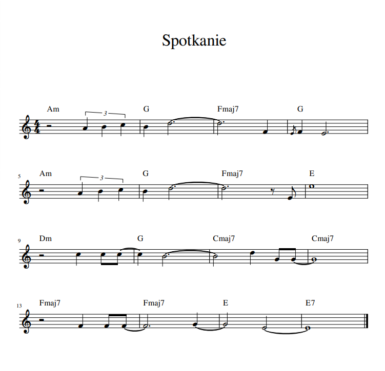 Grafika przedstawia partyturę utworu „Spotkanie”. Utwór jest napisany w metrum cztery czwarte, w tonacji C‑dur. Wszystkie dźwięki znajdują się w obrębie oktaw wielkiej oraz małej i są zapisane w kluczu basowym. Partytura ma szesnaście taktów. Zgodnie z dopiskiem po lewej stronie jest przeznaczona na gitarę basową.
W pierwszej linijce w pierwszym takcie na pierwsze trzy miary zapisano półnutę z kropką a. Dźwięk jest też podpisany nad pięciolinią. Na czwartą miarę zapisana jest pauza ćwierćnutowa. W takcie drugim na pierwsze trzy miary grana jest półnuta z kropką g. Dźwięk jest podpisany nad pięciolinią. Na czwartą miarę zapisana jest pauza ćwierćnutowa. W takcie trzecim na pierwsze trzy miary wykonywana jest półnuta z kropką f. Dźwięk jest podpisany nad pięciolinią. Na czwartą miarę zapisana jest pauza ćwierćnutowa. W czwartym takcie na pierwsze trzy miary grana jest półnuta z kropką e. Dźwięk jest podpisany nad pięciolinią. Na czwartą miarę zapisana jest pauza ćwierćnutowa. W takcie piątym na pierwsze trzy miary wykonywana jest półnuta z kropką a. Dźwięk jest podpisany nad pięciolinią. Na czwartą miarę zapisana jest pauza ćwierćnutowa. W szóstym takcie na pierwsze trzy miary grana jest półnuta z kropką g. Dźwięk jest podpisany nad pięciolinią. Na czwartą miarę zapisana jest pauza ćwierćnutowa. W takcie siódmym na pierwsze trzy miary wykonywana jest półnuta z kropką f. Dźwięk jest podpisany nad pięciolinią. Na czwartą miarę zapisana jest pauza ćwierćnutowa.
W takcie ósmym na pierwsze trzy miary grana jest półnuta z kropką e. Dźwięk jest podpisany nad pięciolinią. Na czwartą miarę zapisana jest pauza ćwierćnutowa. W dziewiątym takcie na pierwsze trzy miary zapisano półnutę z kropką d. Dźwięk jest podpisany nad pięciolinią. Na czwartą miarę zapisana jest pauza ćwierćnutowa. W takcie dziesiątym na pierwsze trzy miary grana jest półnuta z kropką g. Dźwięk jest podpisany nad pięciolinią. Na czwartą miarę zapisana jest pauza ćwierćnutowa. W takcie jedenastym na pierwsze trzy miary wykonywana jest półnuta z kropką c. Dźwięk jest podpisany nad pięciolinią. Na czwartą miarę zapisana jest pauza ćwierćnutowa. W dwunastym takcie na pierwsze trzy miary ponownie grana jest półnuta z kropką c. Dźwięk jest podpisany nad pięciolinią. Na czwartą miarę zapisana jest pauza ćwierćnutowa. W trzynastym takcie na pierwsze trzy miary wykonywana jest półnuta z kropką f. Dźwięk jest podpisany nad pięciolinią. Na czwartą miarę zapisana jest pauza ćwierćnutowa. W takcie czternastym na pierwsze dwie miary zapisano półnutę f w oktawie małej, a na miary trzecią oraz czwartą półnutę f o oktawę niżej. Oba dźwięki są podpisane nad pięciolinią.
W piętnastym takcie na pierwsze trzy miary zapisano półnutę z kropką e, a na miarę czwartą ćwierćnutę e. Oba dźwięki podpisano nad pięciolinią. W ostatnim, szesnastym takcie grana jest cała nuta e z oznaczoną fermatą. Dźwięk jest podpisany nad pięciolinią.