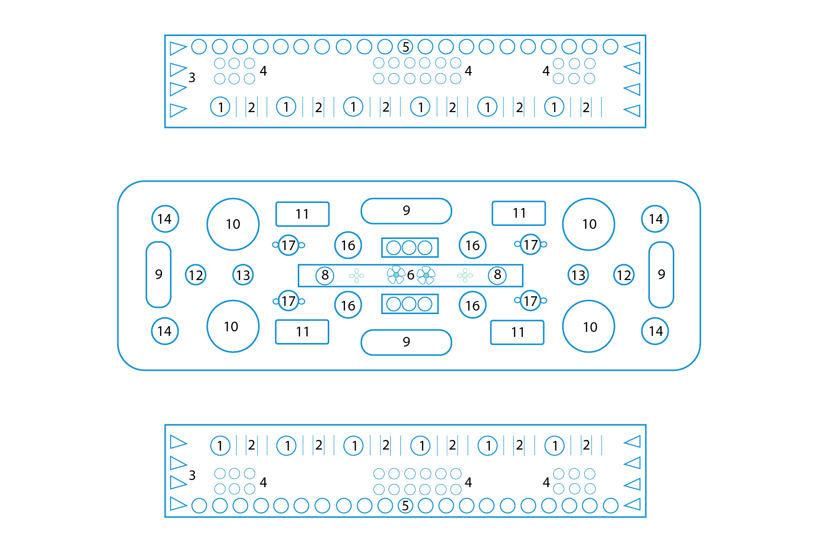 Grafika prezentuje jeden ze sposobów układania zastawy oraz potraw na bufetach na przyjęciu w stylu angielskim, widziane z góry. W centralnej części znajduje się duży prostokąt o zaokrąglonych narożnikach, który symbolizuje stół. Na górze i dole są dwa węższe prostokąty, które symbolizują bufety. Na środkowym stole od lewej jego krawędzi znajdują się owal symbolizujący półmisek, poniżej i powyżej owalu znajdują się dwa kółka symbolizujące pieczywo. Idąc na prawo, dwa małe kółka, z których pierwsze symbolizuje sery, a drugie sałatki. Powyżej i poniżej dwa duże koła symbolizujące półmisek szwedzki. Idąc na prawo dwa prostokąty u góry i u dołu, symbolizujące półmisek z rybami, a pomiędzy nimi dwa małe kółka symbolizujące sosy zimne. Pośrodku długi prostokąt symbolizujący paterę na owoce, z wpisanymi w niego dwoma kwiatami symbolizującymi dekorację kwiatową. Poniżej i powyżej długiego prostokąta, idąc od środka kwadrat z wpisanymi trzema kołami oraz owal symbolizujący półmisek z tartinkami. Idąc na prawo od środka stołu, układ jest odbiciem lustrzanym. Na bufecie powyżej środkowego stołu znajdują się na krótszych krawędziach po cztery trójkąty symbolizujące serwetki, przy dłuższej górnej krawędzi 21 kółek symbolizujących napoje alkoholowe. Po prawej stronie, pośrodku i po lewej stronie grupy małych kółek symbolizujących szkło do napojów. Wzdłuż dłuższej, dolnej krawędzi naprzemiennie kółka symbolizujące talerzyki zakąskowe i krótkie pionowe kreseczki symbolizujące sztućce. Na bufecie poniżej środkowego stołu znajdują się takie same oznaczenia, ale w lustrzanym odbiciu.