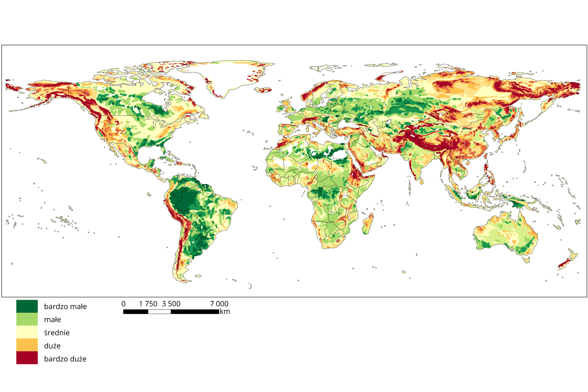 Ilustracja przedstawia mapę świata i zaznaczoną na niej różnymi kolorami podatność gleb na erozję wodną. Najbardziej podatne obszary zaznaczono na czerwono i są to: wschodnia część Ameryki Północnej, większość zachodniego wybrzeża Ameryki Południowej, południowa Europa, tereny Szwecji i Norwegii, centralna Afryka, południowo-wschodnia część Azji oraz część północnej Australii. Na niebiesko są zaznaczone regiony zimne i są to Ameryka Północna i Azja Północna. Tereny suche zaznaczone są na szaro i są to tereny w centrum USA, południowo wschodnie wybrzeże Ameryki Łacińskiej, północna część Afryki, centralna Azja i Australia.