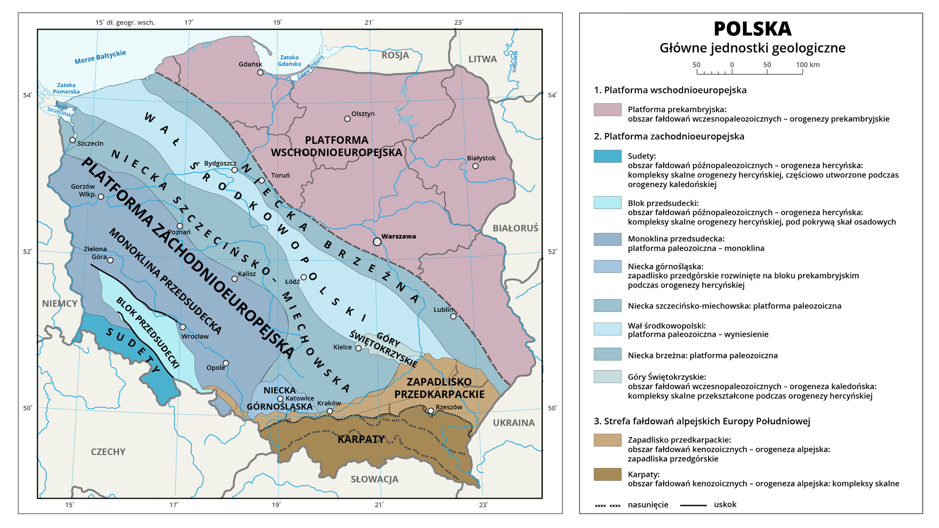 Mapa Polski przedstawia główne jednostki tektoniczne w kraju. W północno-wschodniej Polsce znajduje się platforma wschodnioeuropejska. Obejmuje ona większość województwa pomorskiego, całe województwo warmińsko-mazurskie i podlaskie, część mazowieckiego, lubelskiego i kujawsko-pomorskiego. Ta platforma sąsiaduje z platformą zachodnioeuropejską. Granicę pomiędzy tymi platformami stanowi nasunięcie. Częścią platformy zachodnioeuropejskiej, która sąsiaduje z platformą wschodnioeuropejską jest niecka brzeżna. Jest to platforma paleozoiczna. Ciągnie się ona od wybrzeża Bałtyku, aż po granicę polsko-ukraińską na Lubelszczyźnie. Kolejny jest wał środkowopolski. Jest to platforma paleozoiczna - wyniesienie. Obejmuje ona pas ciągnący się od wybrzeża Bałtyku przez Kujawy, środkową Polskę, aż do południowej Lubelszczyzny. Z wałem środkowopolskim u jego granic w okolicach rzeki Wisły są Góry Świętokrzyskie. Jest to obszar fałdowań wczesnopaleozoicznych, orogenezy kaledońskiej, a kompleksy skalne przekształcone podczas orogenezy hercyńskiej. Miasto znajdujące się w pobliżu tych gór to Kielce. Bardziej na południe widoczny jest pas zwany niecką szczecińsko-miechowską. Ciągnie się on aż do okolic Szczecina po ziemie na północ od rzeki Wisły w okolicach Krakowa. Na zachód od niecki szczecińsko - miechowskiej widoczna jest monoklina przedsudecka. Obejmuje ona duże obszary w zachodniej Polsce z takimi miastami jak Zielona Góra, Wrocław czy Opole. Na południe od Wrocławia znajduje się blok przedsudecki. Jest on obszarem fałdowań późnopaleozoicznych z okresu orogenezy hercyńskiej. Kompleksy skalne orogenezy hercyńskiej są pod pokrywą skał osadowych. Granica pomiędzy monokliną przedsudecką, a blokiem przedsudeckim jest uskokiem. Na południe od bloku przedsudeckiego w południowozachodniej Polsce są Sudety. Graniczą one z blokiem przedsudeckim także przez uskok. Sudety są obszarem fałdowań późnopaleozoicznych z okresu orogenezy hercyńskiej. Kompleksy skalne orogenezy hercyńskiej zostały częściowo utworzone podczas orogenezy kaledońskiej. W okolicach Katowic znajduje się natomiast niecka górnośląska. Jest ona zapadliskiem przedgórskim rozwiniętym na bloku prekambryjskim podczas orogenezy hercyńskiej. W południowowschodniej Polsce jest zapadlisko przedkarpackie. Jest to pas obejmujący północne Podkarpacie, południową Lubelszczyznę oraz pas Wisły od Sandomierza po dolny bieg rzeki przez Kraków do granicy z Czechami. To zapadlisko przedgórskie jest obszarem fałdowań kenozoicznych powstałym podczas orogenezy alpejskiej. Poniżej zapadliska przedkarpackiego są góry Karpaty. Znajdują się one w południowo-wschodniej Polsce przy granicy ze Słowacją oraz Ukrainą na obszarze fałdowań kenozoicznych. Są to kompleksy skalne powstały podczas orogenezy alpejskiej.