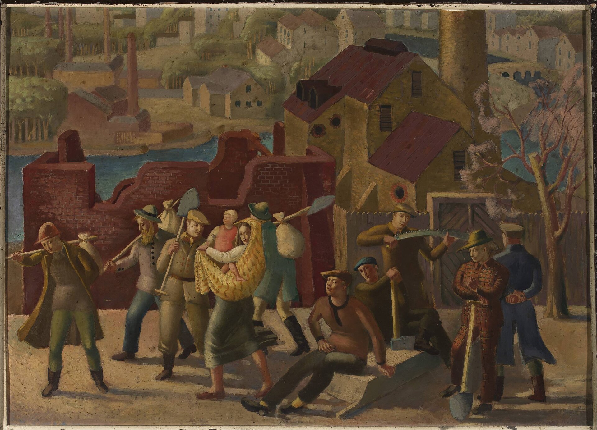 Ilustracja przedstawia miejski pejzaż. Na pierwszym planie stoją mężczyźni w sile wieku. Dwaj siedzą na dużym kamieniu. Są ubrani w robocze stroje. Opierają łopaty o ramiona. Pośrodku stoi kobieta. W ramionach trzyma małego chłopca. Na drugim planie ukazana jest nieukończona, ceglana budowla. Po prawej stronie stoi dwukondygnacyjny budynek. Dalej ciągnie się rzeka. Za nią ukazane są liczne budynki.