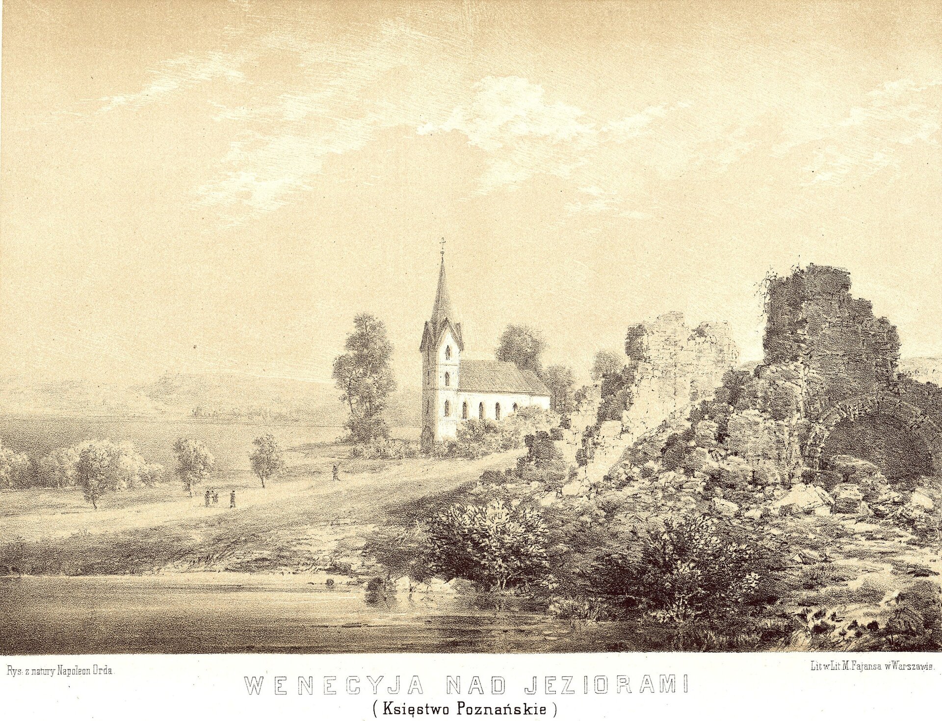 Ilustracja to pochodząca z XIX wieku litografia, której autorem jest znany rysownik z tamtego czasu Napoleon Orda. Przedstawia ona widok ruin zamku w Wenecji od strony jeziora. Na drugim planie widoczny jest jednowieżowy kościół w centrum ilustracji, po prawej stronie ruiny. Wokół widoczna jest dzika roślinność oraz tafla jeziora. Przed wejściem do kościoła, na pustej połaci ziemi widać sylwetki ludzi i drzew. Horyzont jest niewyraźny. U dołu napis: Wenecyja nad jeziorami (Księstwo Poznańskie).