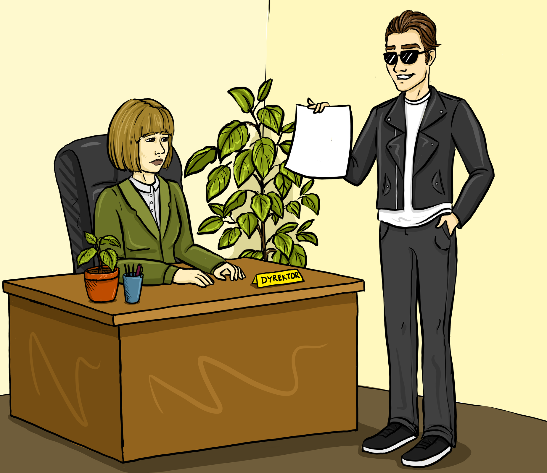 Ilustracja przedstawia kobietę siedzącą za biurkiem, jej stanowisko jest podpisane dyrektor. Przed biurkiem stoi mężczyzna ubrany w skórzaną kurtkę oraz przeciwsłoneczne okulary, mężczyzna pokazuje kobiecie kartkę.