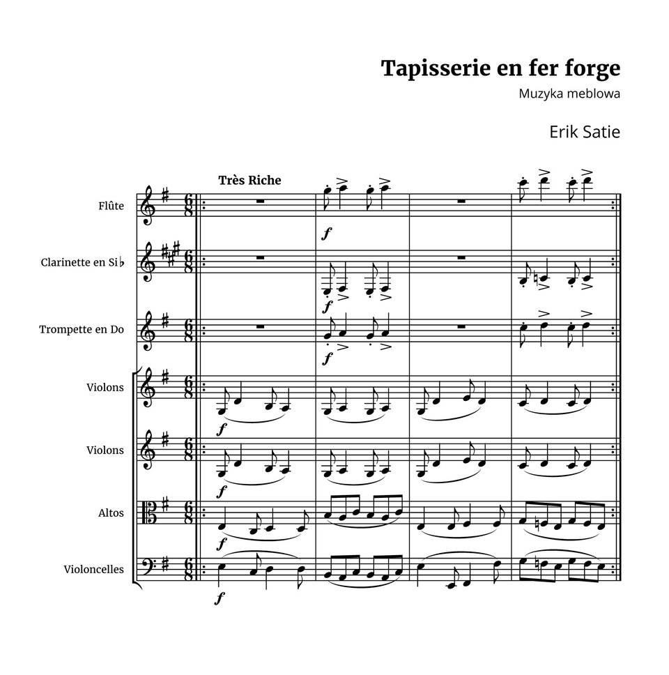 Pierwsza tapeta muzyczna skomponowana przez Erika Satie. Grafika przypomina stronę zeszytu do zapisu nut, podpisaną u góry: Tapisserie en fer forge. Muzyka meblowa. Poniżej widoczne są zapisy nutowe w siedmiu rzędach. Przy każdym z rzędów podano nazwę instrumentu, na którym dana fraza jest wykonywana:
1 -  flet, 2 - klarnet w tonacji B, 3 - trąbka w tonacji C, 4 i 5 - skrzypce, 6 - altówka, 7 - wiolonczela.