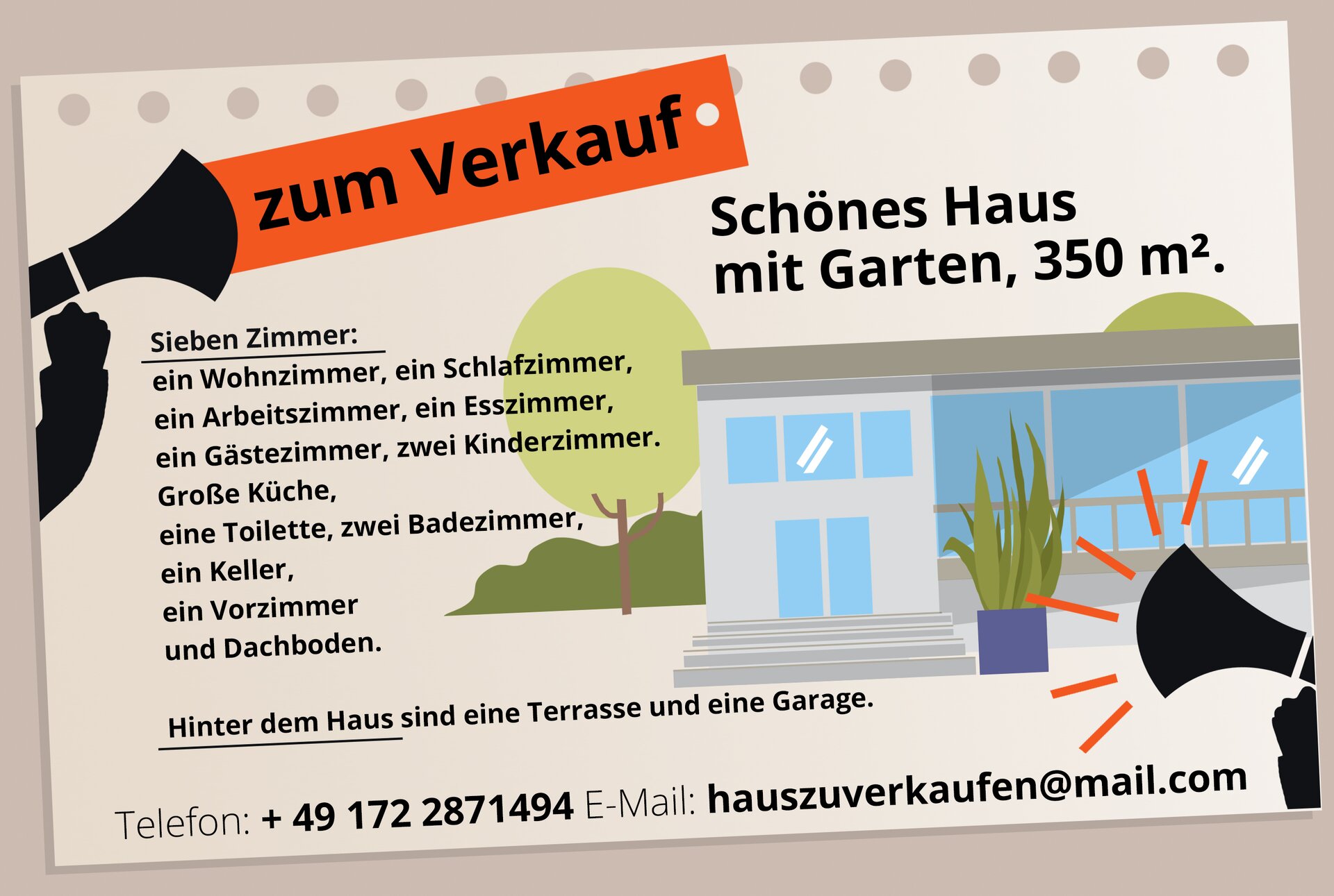 Ilustracja przedstawia ogłoszenie dotyczące sprzedaży domu. Transkrypcja jest dostępna poniżej.