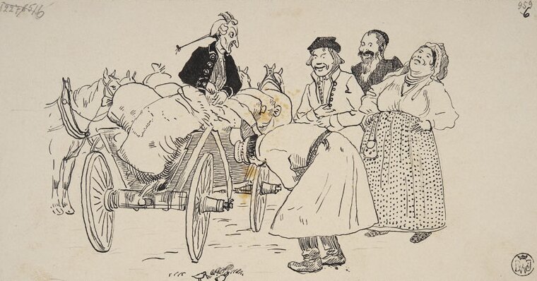 Rysunek przedstawia powóz załadowany workami, na których siedzi postać z rogami. Obok powozu stoją cztery postacie. Postacie śmieją się, patrząc na diabła. Jedna z osób pochyla się mocno do przodu, trzymając za brzuch. Za powozem widać zaprzęgnięte konie.