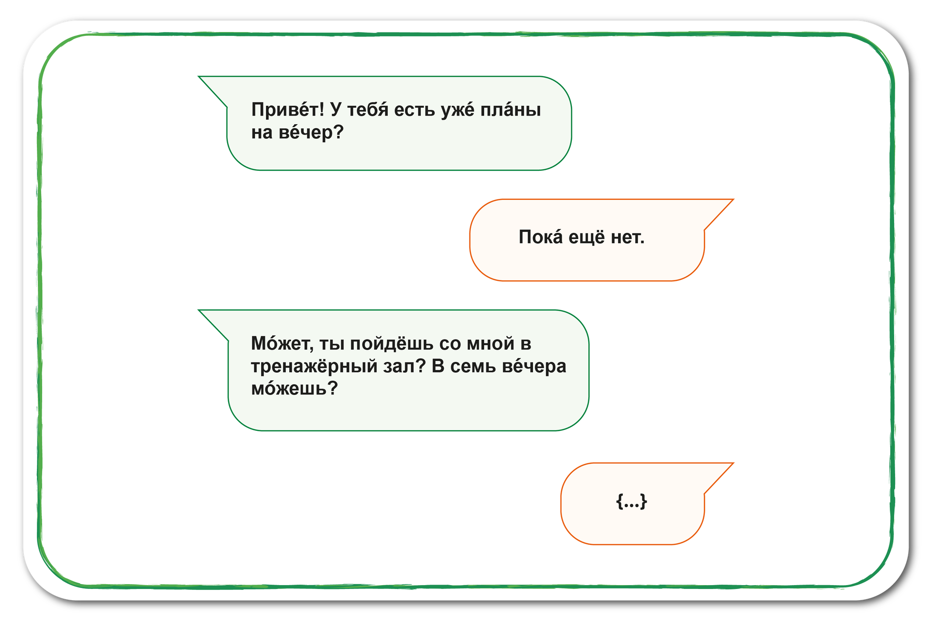 Ilustracja przedstawia dymki dialogu:
– Приве́т! У тебя́ есть уже́ пла́ны на ве́чер?
– Пока́ ещё нет.
– Может, ты пойдёшь со мной в тренажёрный зал, часов в семь ве́чера?
– {…}