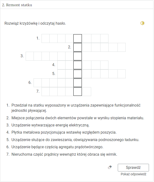 Zdjęcie przedstawia otwartą zakładkę z przykładowym zadaniem. Pod nazwą zakładki znajduje się polecenie. Pod poleceniem widać treść zadania z odpowiedziami do wyboru. Po prawej stronie polecenia widać żółty sześciokąt. Poniżej zadania, po prawej stronie panelu znajduje się ikona sprawdź. Po jej lewej stronie widać symbol gumki. Poniżej przycisku sprawdź znajduje się napis pokaż odpowiedź.
