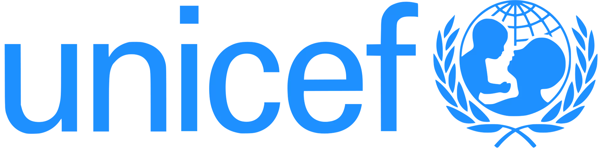 Grafika przedstawia napis UNICEF oraz logotyp tej organizacji. W symbol kuli ziemskiej wpisana jest postać matki unoszącej małe dziecko. Całość od dołu opleciona dwoma kłosami zboża.