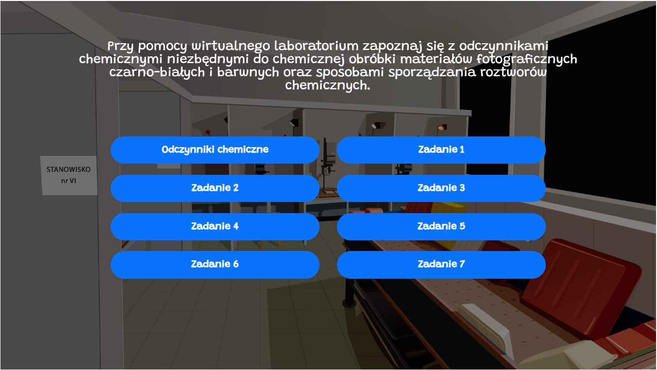 Ekran wirtualnego laboratorium ,,Chemiczna obróbka materiałów fotograficznych''