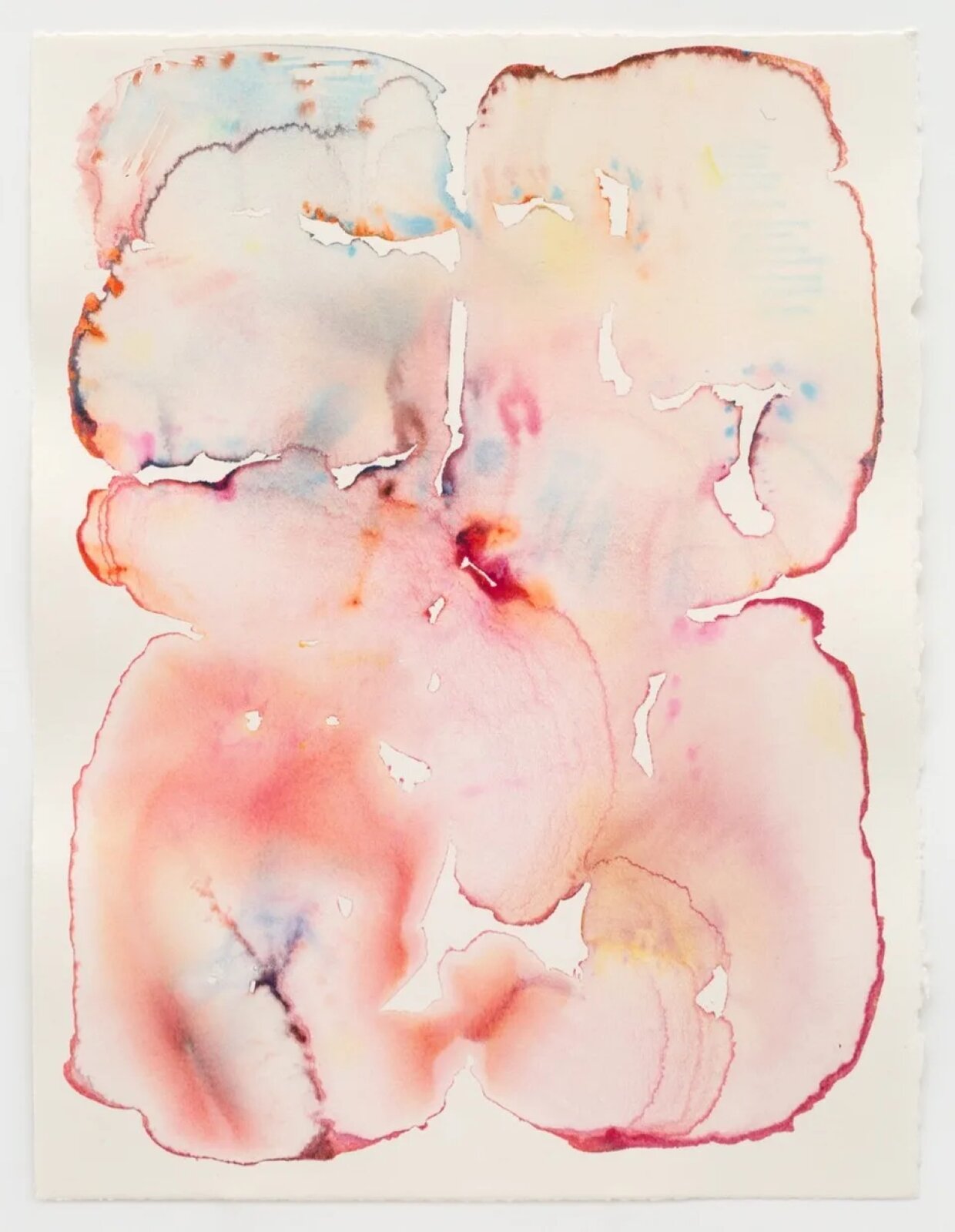 Obraz wykonany akwarelami na białym tle.
Przeważa blady kolor różowy, jest także jasnopomarańczowy i jasnoniebieski. Plama akwareli ma kształt podobny do prostokąta z wcięciami na środku każdego boku. Na obramowaniu pojawiły się grubsze, bardziej widoczne linie z farby. W środku utworzyły się liczne małe ubytki, pokazujące białe tło. 