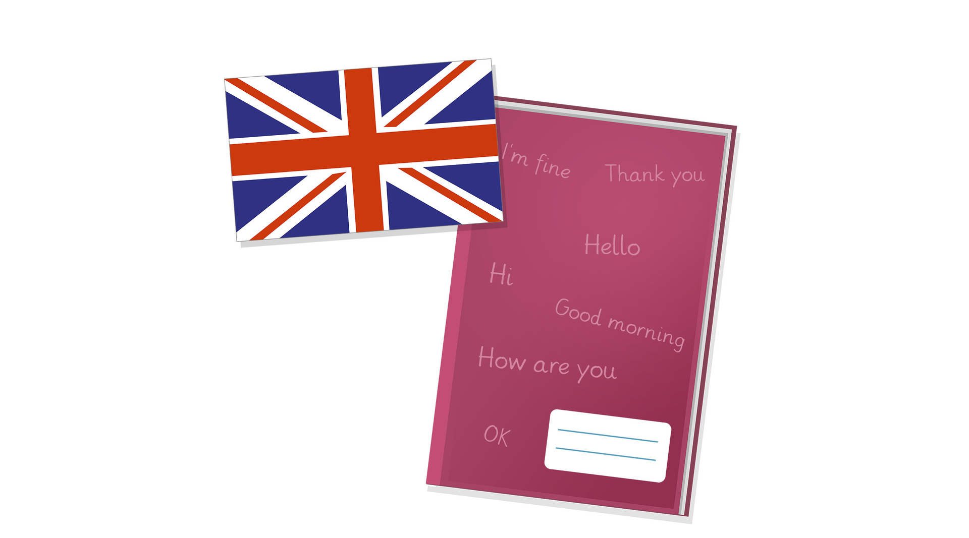 Ilustracja z flagą Anglii oraz zeszytem z napisami po angielsku.