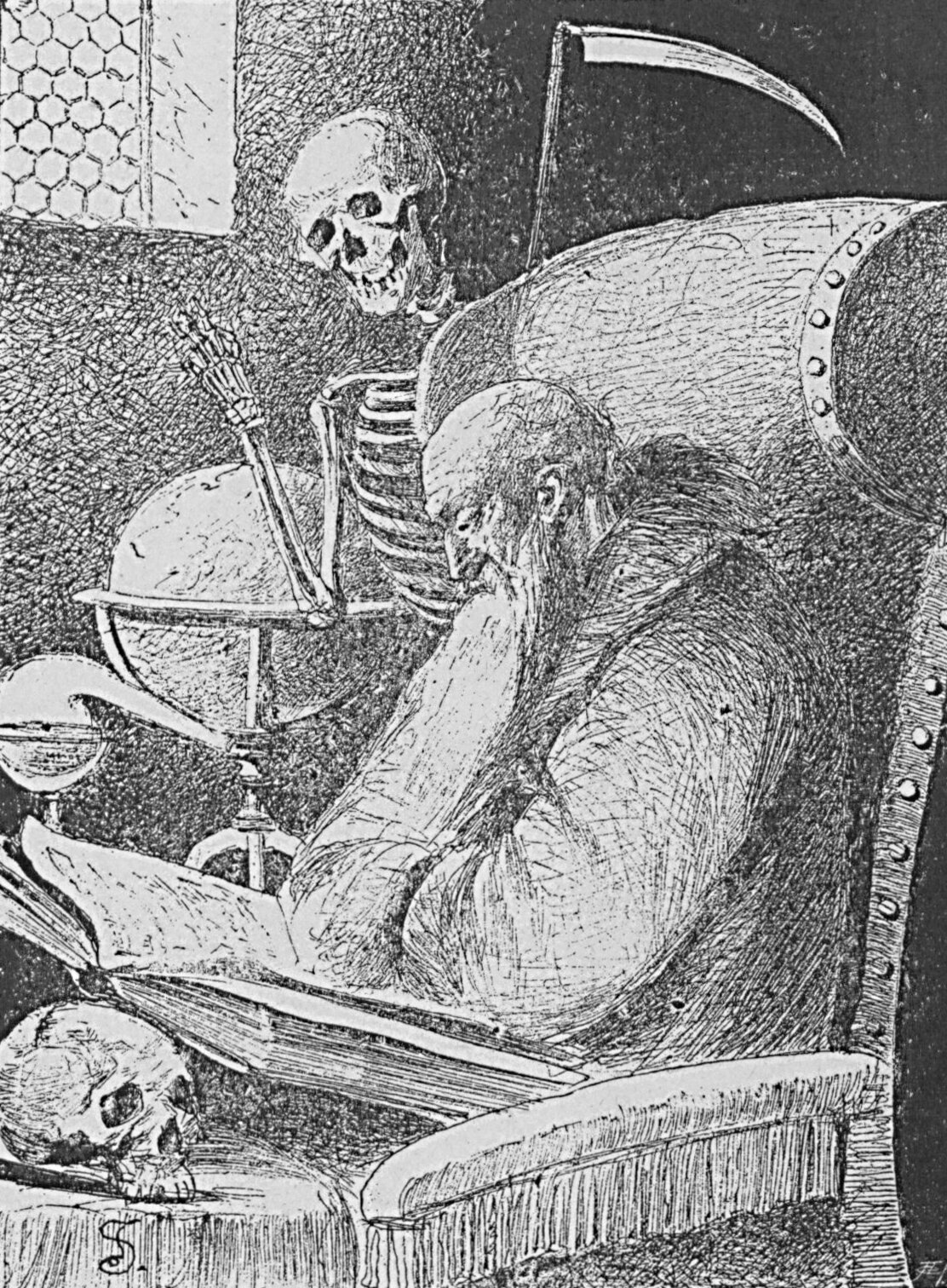 Czarno‑biały rysunek przedstawia wyłysiałego starca z długą siwą brodą, siedzącego w fotelu, zwróconego w lewą stronę, czytającego dużą księgę spoczywającą na jego udach. Mężczyzna ułożył zgięte w łokciach ręce na brzuchu, a dłonie wsunął w przeciwne rękawy grubego płaszcza z ciepłym kołnierzem. W prawym dolnym rogu widać narożnik stołu okrytego obrusem, na którym spoczywa ludzka czaszka. Na drugim planie, za mężczyzną stoi szklana kolba destylacyjna z długą, skierowaną ku dołowi szyjką, na prawo od niej globus na statywie. Pomiędzy nim a fotelem z ciemności wyłania się szkielet z kosą górującą na tle czerni ponad oparciem fotela. Zdaje się uśmiechać i machać uniesioną w geście pozdrowienia prawą dłonią. Scenę wydobywa z mroku światło padające z góry przez witrażowe okno, którego fragment jaśnieje w lewym narożniku ilustracji.