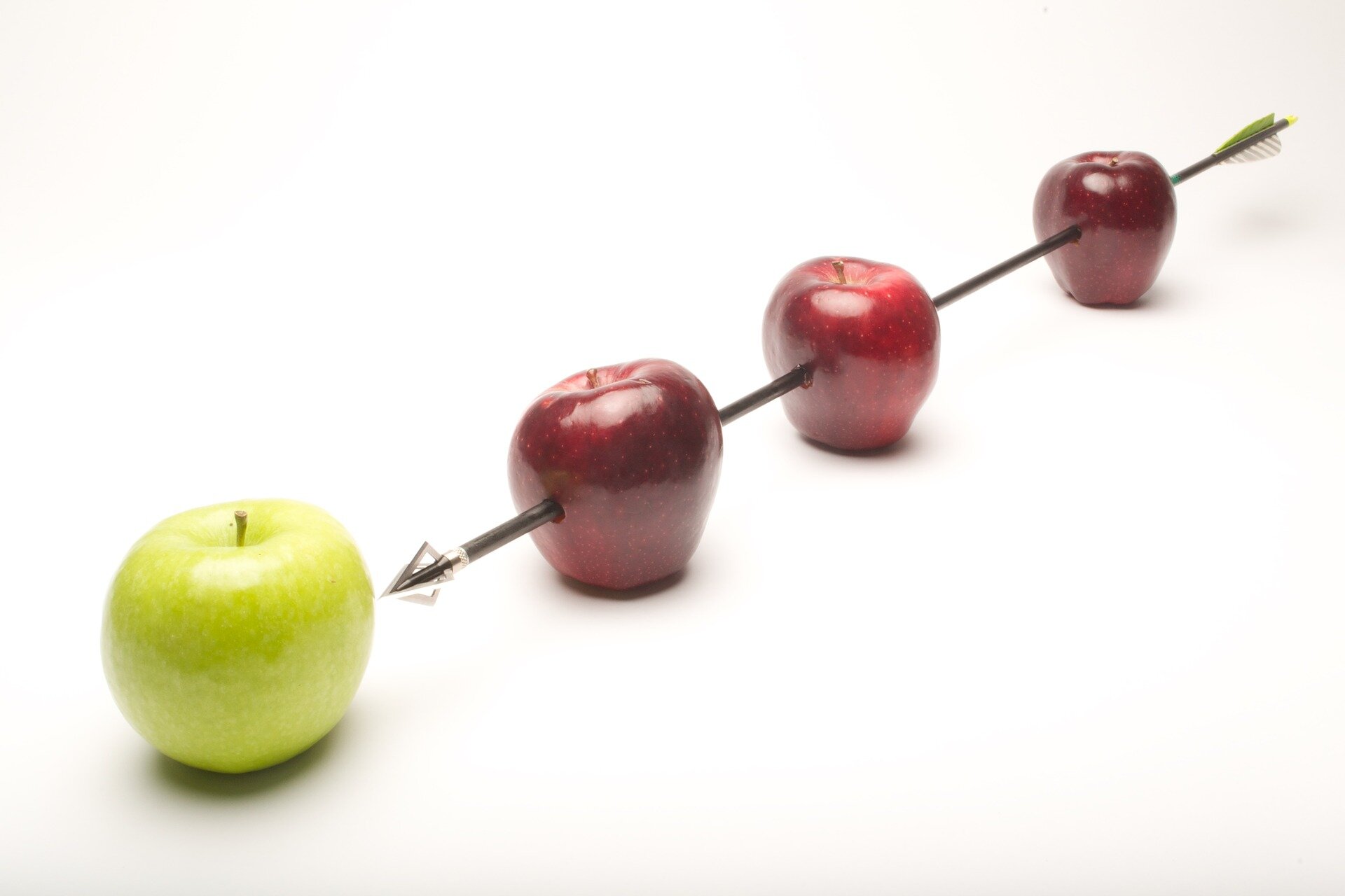 Na rysunku widoczna jest długa strzała, która przeszyła trzy czerwone jabłka. Grot strzały skierowane jest w stronę ostatniego jabłka, które jest żółte.