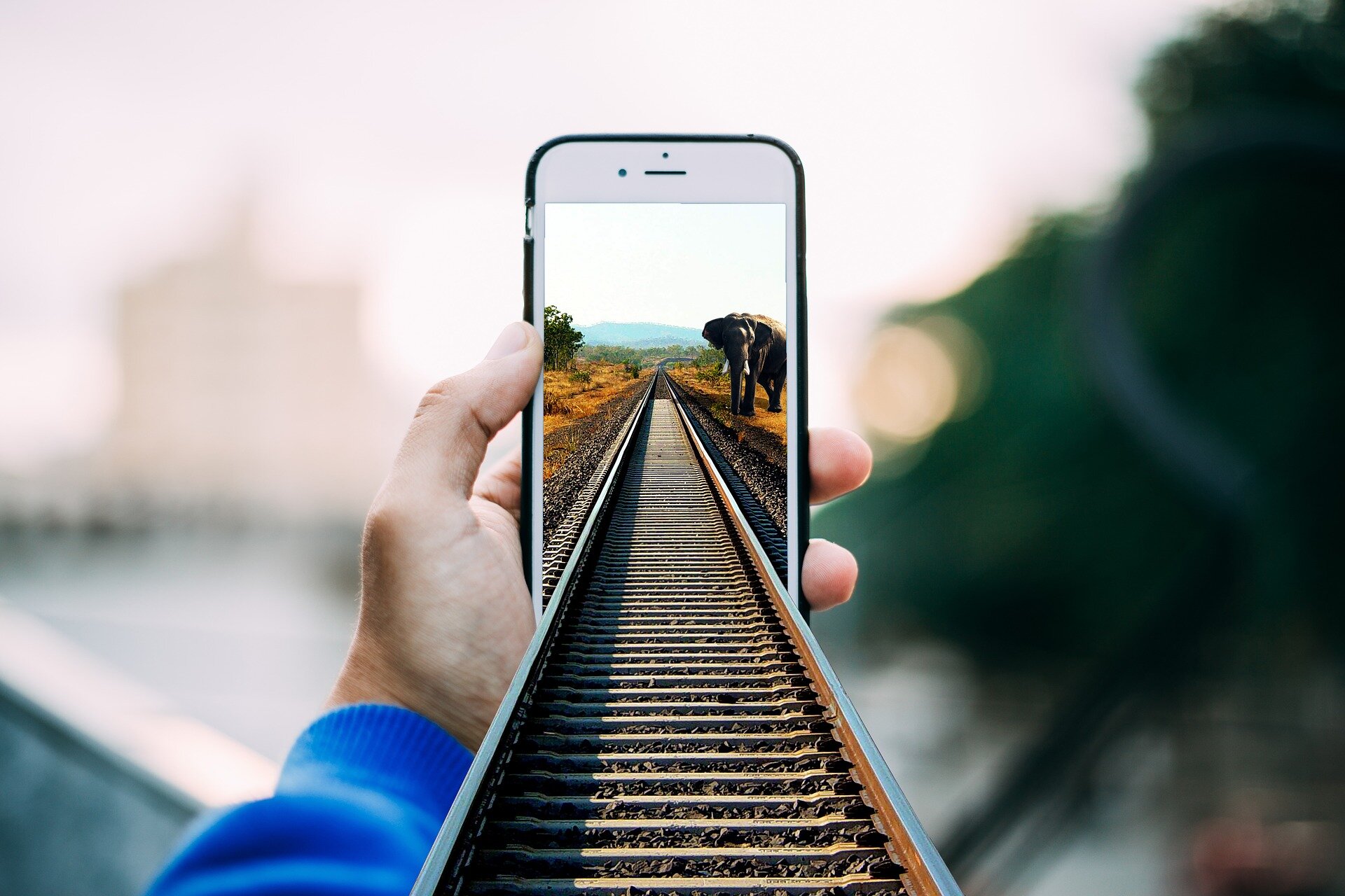 Zdjęcie przedstawia trzymany w dłoni smartfon. Na jego ekranie ukazane są tory kolejowe. Ukazane są one w perspektywie, tak, że widoczne są przed ekranem smartfonu.