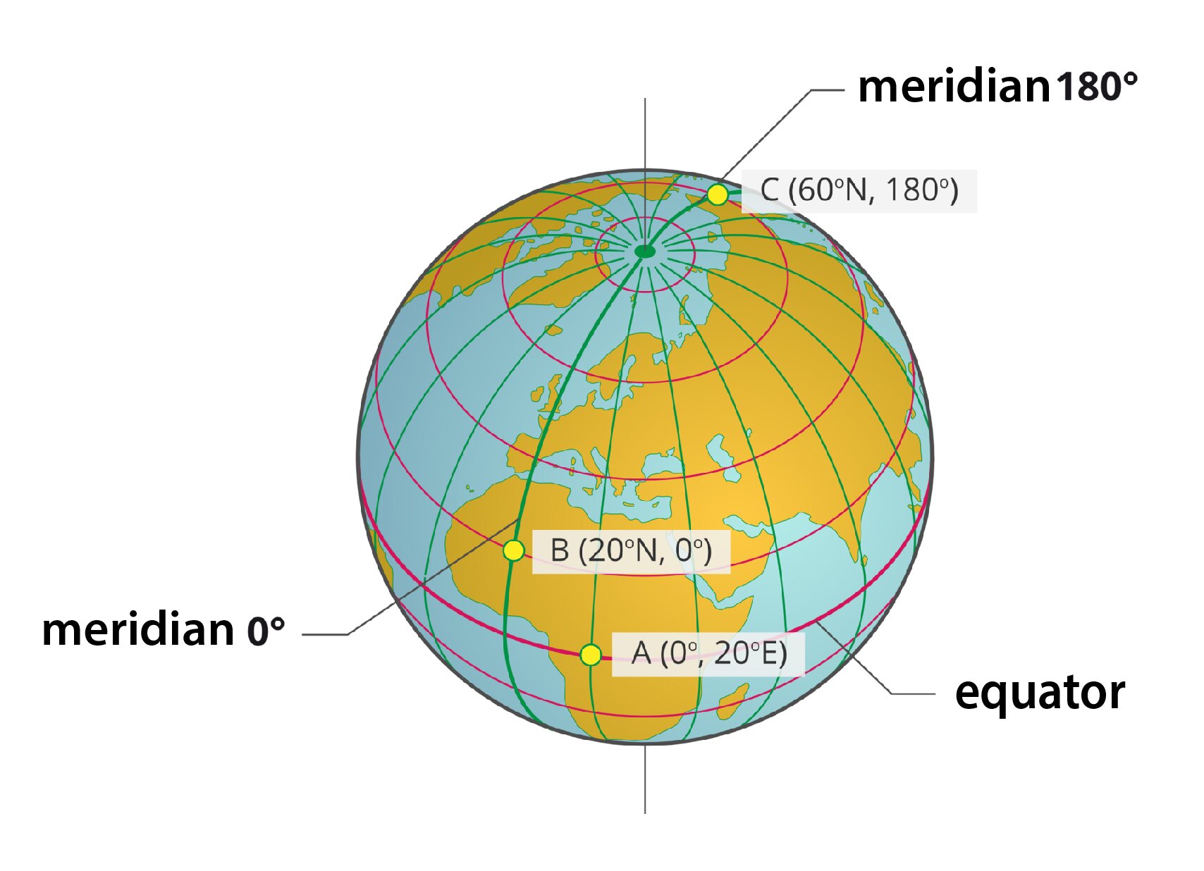 Ilustracja barwna przedstawiająca kulę ziemską z siatką geograficzną tworzoną przez południki, meridians i równoleżniki, equators. Południki mają kształt półokręgów, jednakową długość i zbiegają się w biegunach. Równoleżniki mają kształt okręgów, a im bliżej biegunów, tym ich obwód jest mniejszy. Na kuli zaznaczono południk, meridian 0 stopni oraz południk, meridian 180 stopni równik, equator i trzy punkty o następujących współrzędnych geograficznych: punkt A - 0 stopni, 20 stopni E, punkt B - 20 stopni N, 0 stopni, punkt C - 60 stopni N, 180 stopni. Przez kulę ziemską przechodzi oś, łącząca bieguny.